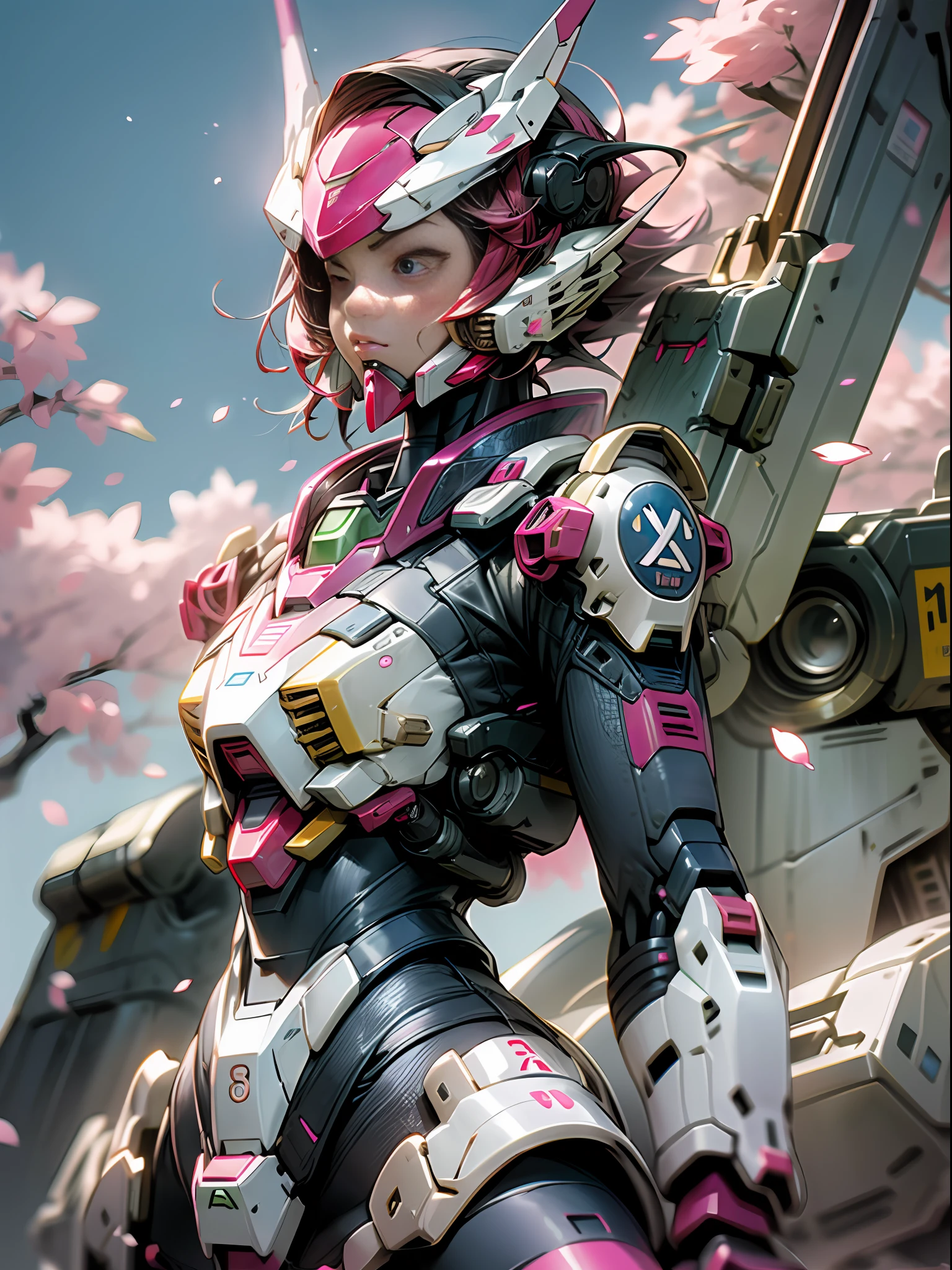 ((Best Quality)), ((Master)), (Very detailed: 1.3), 8K, cool drawing, full of sci-fi, pink reload Gundam with guns in the city, anime mech aesthetics, streamlined pink armor, Gundam humanoid mech, perfect body proportions, white clouds in the sky, cherry blossom pink background, looking up, ray tracing, light particles, nvidia rtx, super resolution, unreal 5, anime quadratic style, subsurface scattering, specular and albedo maps, rule of thirds, large aperture, Fighting stance.