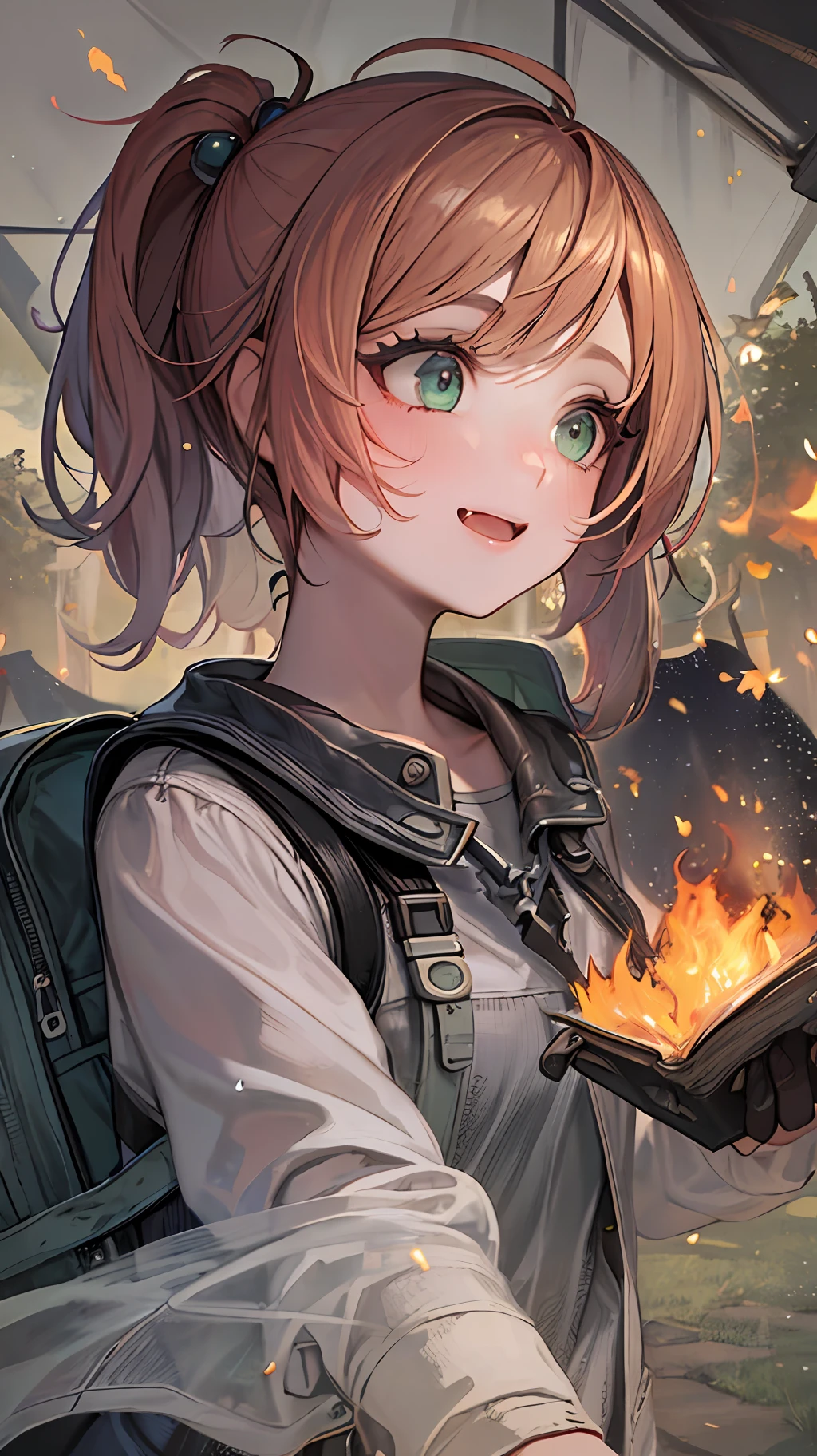 (illustration: 1.0), masterpiece, best quality, 1 girl, solo, camping, happy, smile, nature, trees, tent, camping_chair, camping, fire, roasting_marshmallows, hot coffee, book, map, backpack, picnic_blanket, flower, butterfly, sunny_day, , hiking_boots, denim_shorts, jacket, (perspective: 1.3), From below, (looking away: 1.2), (from the side: 1.0), long_hair, breasts, smile, bangs, (orange hair: 1.1), hair_ornament, side_ponytail, swept_bangs, thick_eyebrows, hair_bobbles, skin_fang, shut up, green eyes, (light rain hazy feeling: 1.3), (light rain: 1.2), gray sky, extreme detail, ultra-high resolution, (gray color cast: 1.5), intricate, (artistic bacteria: 1.2), (high contrast: 1.2), (colorful), (very detailed and beautiful: 1.3), (cute: 1.3), large round eyes, (detailed ultra-oily shiny skin: 1.2), (detailed hands and fingers: 0.9), (rain on the body light effect: 1.5)