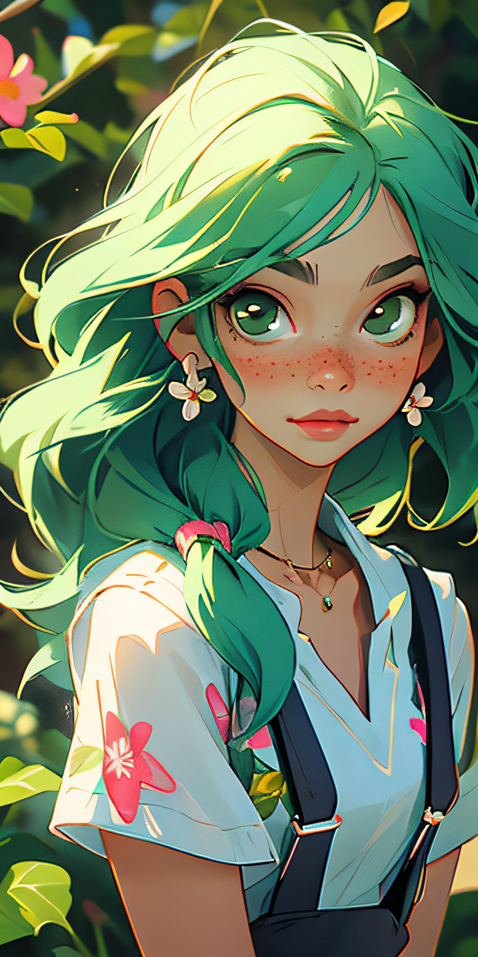 (masterpiece, best quality), 1girl, collarbone, straight long hair, looking at viewer, blurry, upper body, necklace, suspenders, floral print, freckles, green hair, sunlight,