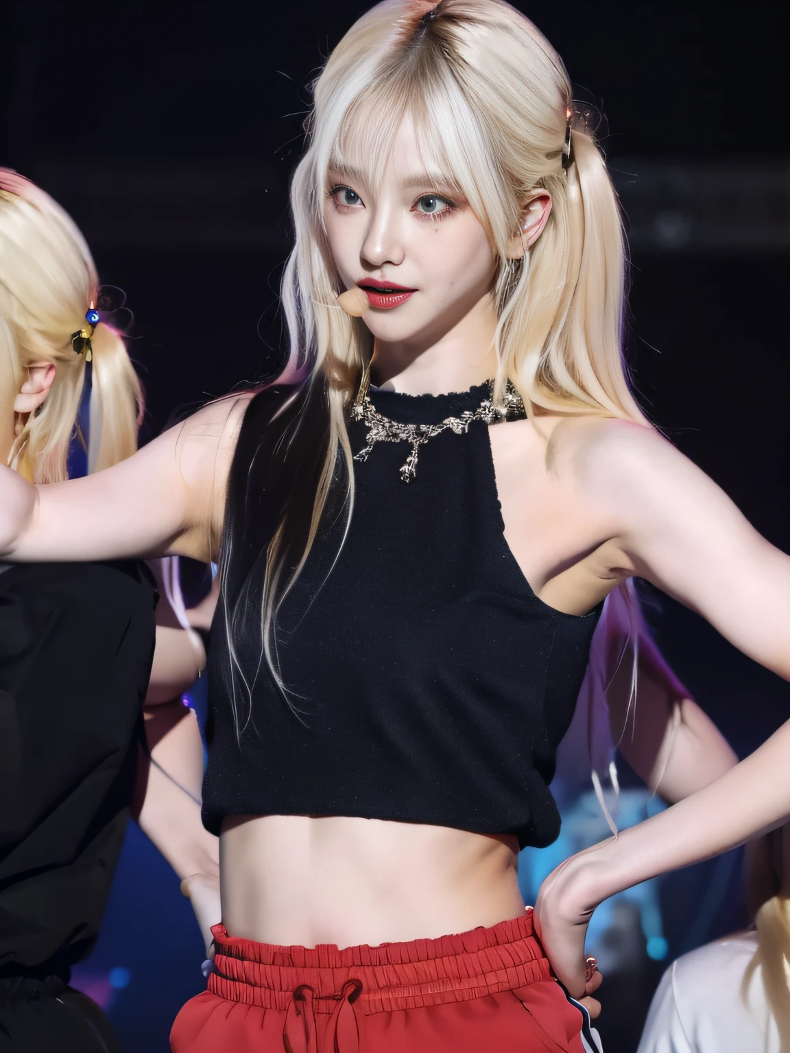 (8K, 4K, Best Quality, Highres, Ultra High Res:1.1), (Masterpiece, Realistic, Photo-Realistic:1.1), 1girl, Face, Close-Up, Twintails, Blonde Hair, Black Eyes, Red Lips, (Looking in Audience: 2), Wearing a trendy basketball vest, open waist, sweatpants, ridiculously long hair, long eyelashes, eye shadow, small face, big eyes, bare shoulders, high contrast,