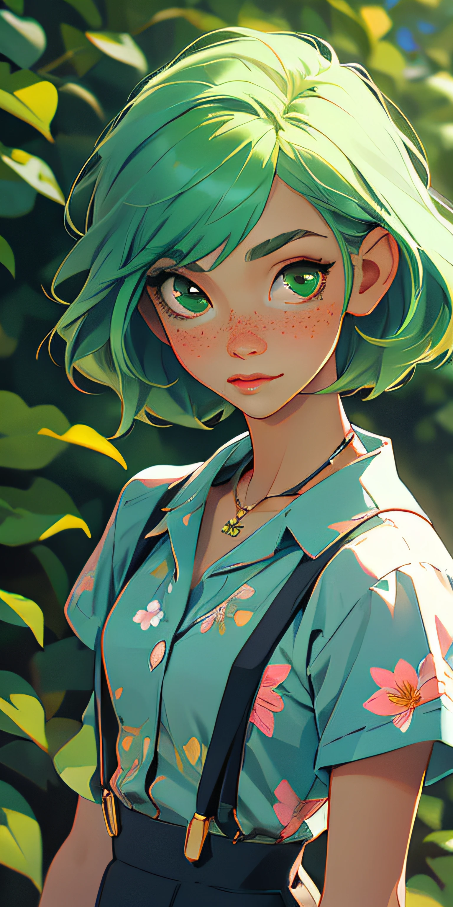 (masterpiece, best quality), 1girl, collarbone, straight hair, looking at viewer, blurry, upper body, necklace, suspenders, floral print, freckles, green hair, sunlight,