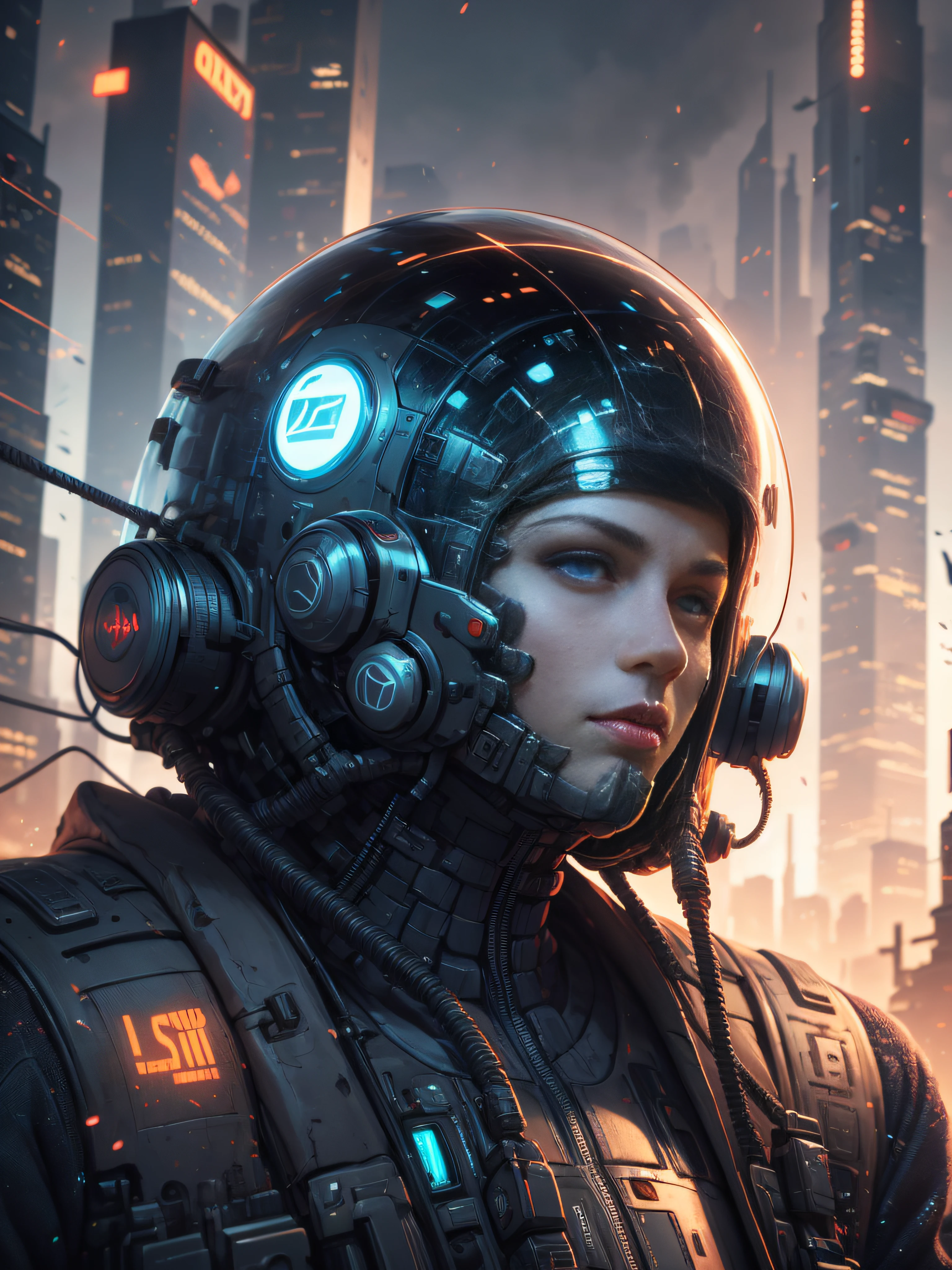 close up of man wearing razor helmet, blue eyes, covered eyes, reflective surface on helmet, ((cyberhelmet:1.2 scifi)), futuristic, cyberwave, background cyberpunk 2077, mega city, neo cyber world, cinematic, hires, 4k, intricate detail, grain, side view