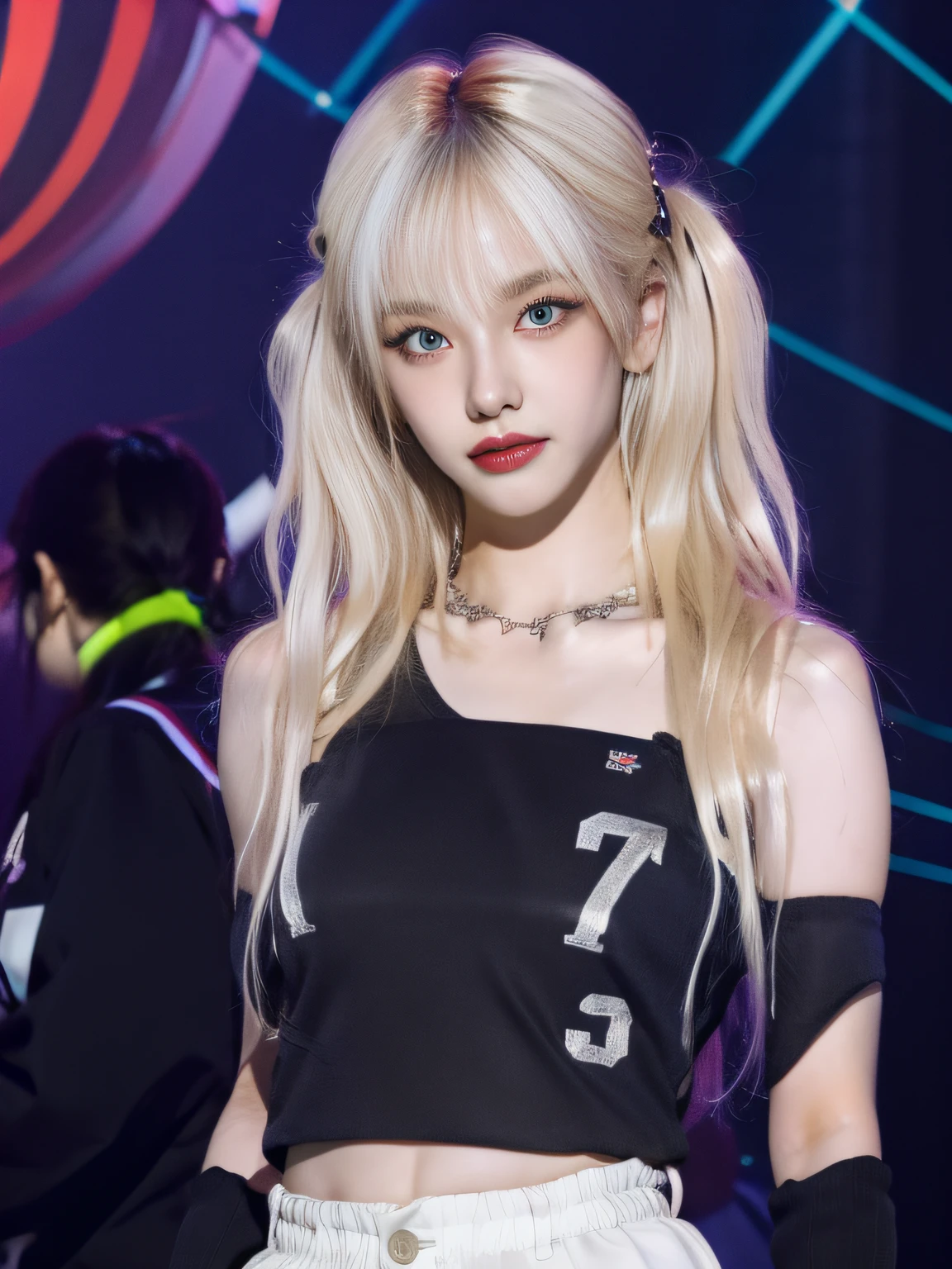 (8K, 4K, Best Quality, Highres, Ultra High Res:1.1), (Masterpiece, Realistic, Photo-Realistic:1.1), 1girl, Face, Close-Up, Twintails, Blonde Hair, Black Eyes, Red Lips, (Looking in Audience: 2), Wearing a trendy football uniform, bare waist, football shorts, ridiculously long hair, long eyelashes, eye shadow, small face, big eyes, bare shoulders, high contrast,