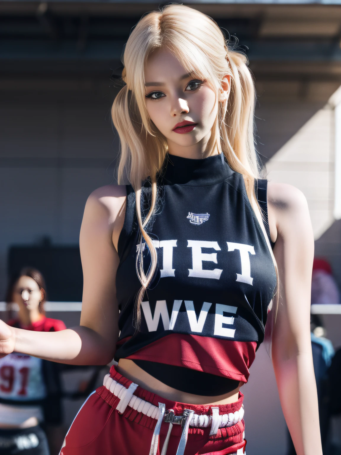 (8K, 4K, Best Quality, Highres, Ultra High Res:1.1), (Masterpiece, Realistic, Photo-Realistic:1.1), 1girl, Face, Close-Up, Twintails, Blonde Hair, Black Eyes, Red Lips, (Looking in Audience: 2), Wearing a trendy football uniform, bare waist, football shorts, ridiculously long hair, long eyelashes, eye shadow, small face, big eyes, bare shoulders, high contrast,