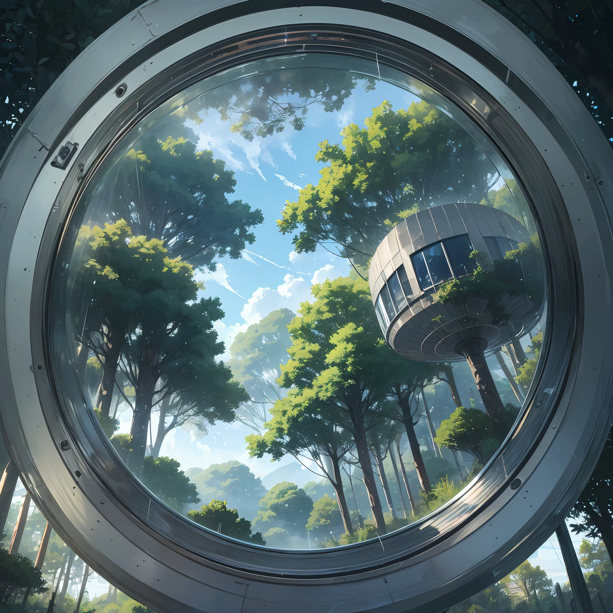 (Advance, high-tech,) sci-fi, (comfortable) horizonal capsule, small capsule, (baby capsule)view from below, looking upward, transparent window, blue sky, (trees covering view of the sky) humid, after rain, wet, dark forest, mist, anime art style, masterpiece, 4k, detailed, sleeping position