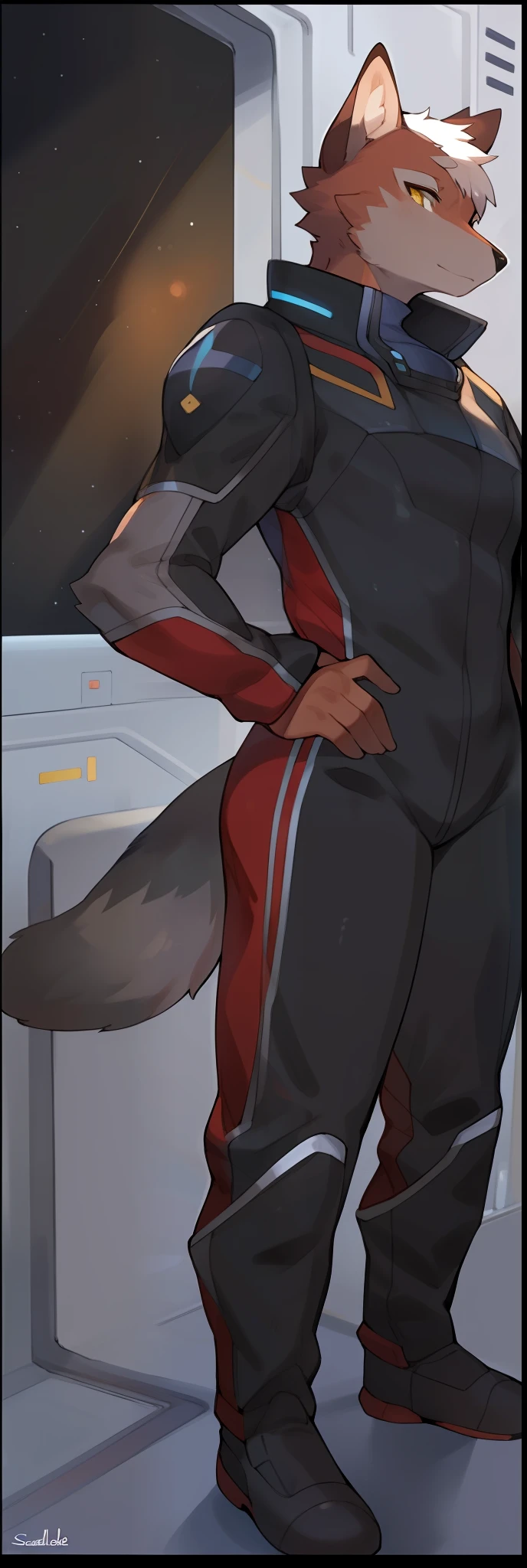 Solo, female, tall, mature, canine, snout, short snout, confident expression, arms crossed, very short hair, faux hawk, mohawk, white hair, yellow eyes, detailed eyes, detailed hands, red-orange fur, red-brown fur, black and dark red spacesuit, black and dark red jumpsuit, window, space, spaceship, standing, grey tail, by buta99, by bebebebebe, by sindoll, by cervina7, by kishibe, athletic, lean, muscular, patternless fur, no fur pattern, plain fur