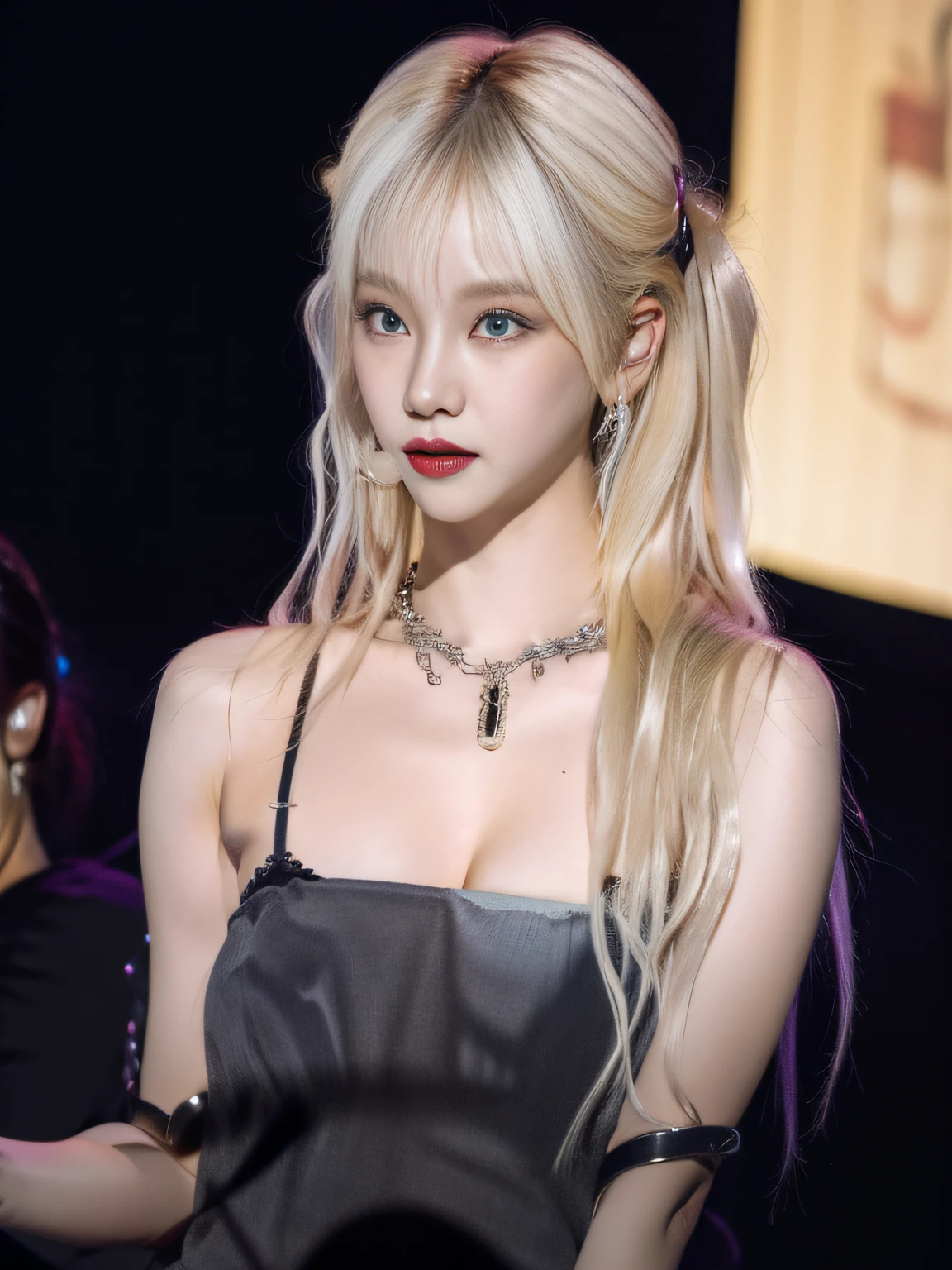(8K, 4K, Best Quality, Highres, Ultra High Res:1.1), (Masterpiece, Realistic, Photo-Realistic:1.1), 1girl, Face, Close-Up, Twintails, Blonde Hair, Black Eyes, Red Lips, (Looking in Audience: 2), Wearing a babes slip dress, cleavage, off-the-shoulders, ridiculously long hair, long eyelashes, eye shadow, small face, big eyes, bare shoulders, high contrast,