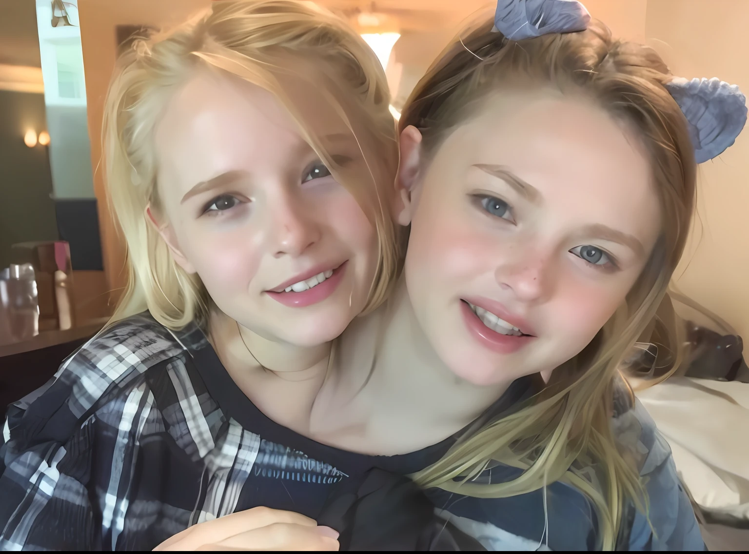 2heads, mom and daughter, (1head:1.5 child), (1head:1.5 young adult) (one torso:1.5), Irish, white girls, age difference, (two heads on one body:1.4), (first head uncomfortable:1.5), (second head unhappy:1.5) conjoined twins, heads side by side, one torso, young, realistic faces, lifelike faces, uncomfortable, barefoot