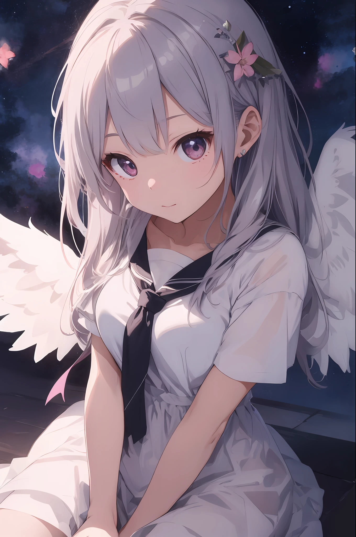 beste Quality、女の子 1 人、sora、Land of Angels、colorful strands of hair、cuddly 、the anime、Sheer white skin、Asian Girls、total body、、14歳、Shines、Quiet child、HigContrast、Temptingual、angelic、Glowing on the back2Angel Wings、A ring that glows horizontally above your head、The top of the head is silver hair and the tips are pink、White attire、seethrough