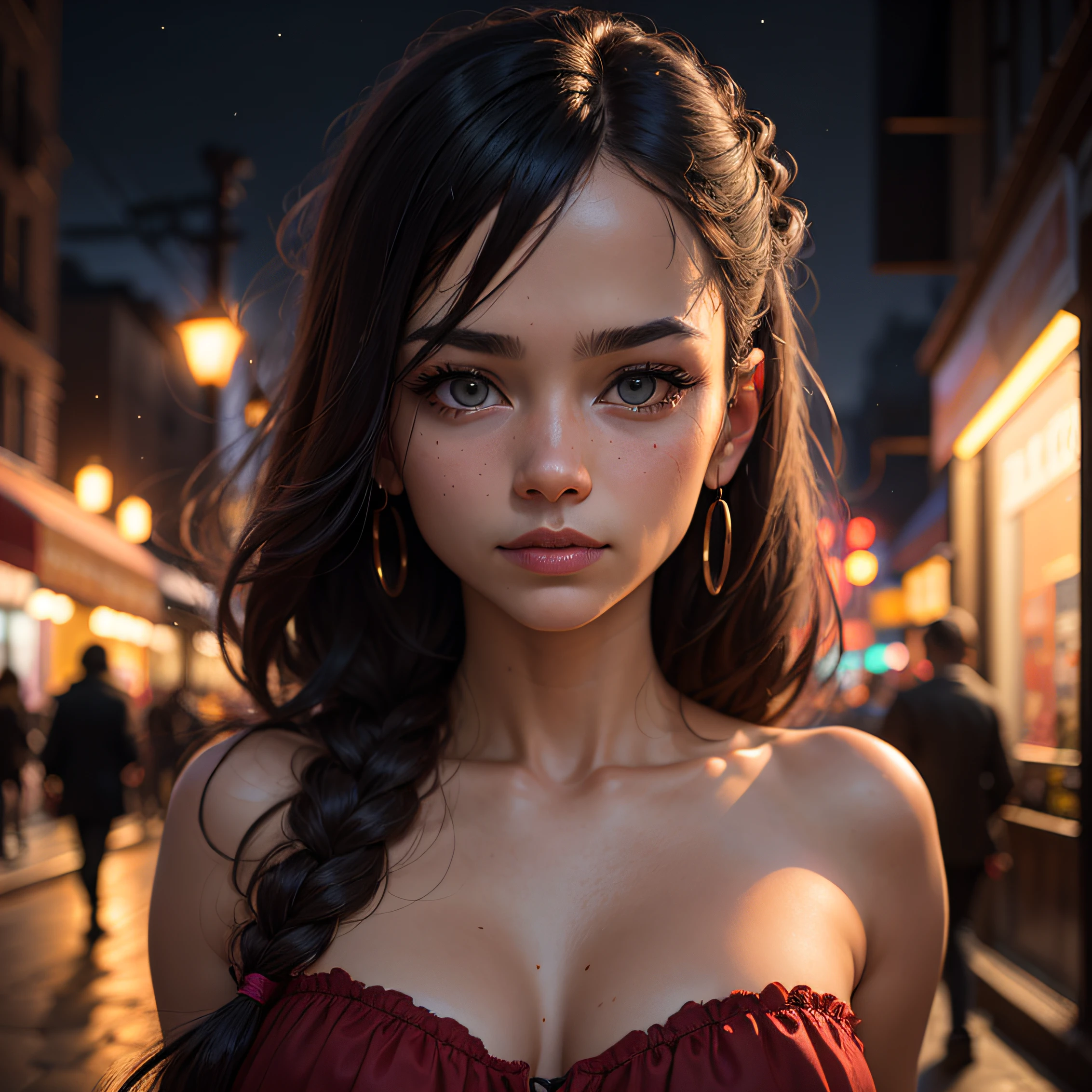 RAW uhd closeup photo portrait of lurn, walking down a dark alley, natural breasts_b, night city background, (red sun dress), (neckline), detailed (textures!, hair!, brightness, color!, imperfections: 1.1), highly detailed bright eyes, (looking at camera), specular lighting, dslr, ultra quality, sharp focus, sharp stud, dof, film grain, (centered), Fujifilm XT3, crystalline, center of frame, Beautiful face, sharp focus, street lamp, neon lights, bokeh, (dimly lit), discreet, at night, (night sky) --auto