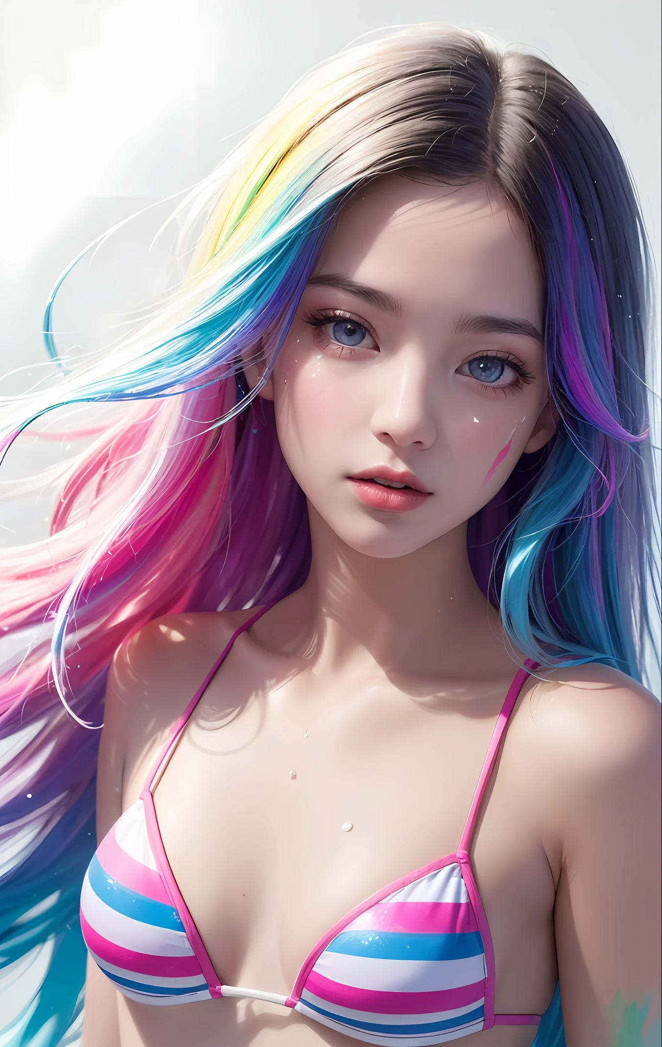 Full body portrait, standing, (colorful fashion ultra-small mini bikini: 1.9), (colorful hair: 1.8), (all colors of the rainbow: 1.8), (vertical: 1.6))), (painting, painting, portrait), cartoon, illustration, painting, large, crystal clear eyes, (rainbow gradient high ponytail: 1.7), exquisite makeup, mouth closed, (small fresh(1.5), (Big: 1.6), long eyelashes, looking at the audience, big watery eyes, (iridescent hair: 1.6), color splash, (solo, :1.8), color splash, color explosion, thick paint style, messy lines, ((sparkling)), (colorful), (colorful), colorful, colorful, chic paint style, (splash) (color splash), vertical painting ,, Paint splash, acrylic pigment, gradient, paint, best quality, best quality, masterpiece, , solo, , depth of field, face paint, colorful clothing, (elegantly: 1.2), gorgeous,long hair, wind, (elegantly: 1.3), (petals: 1.4), (Masterpiece,))))), (Best Quality))), (Ultra detailed))), (Illustration), (Dynamic Angle), ((Floating)), (Paint), (((disheveled hair)), (Solo,), (1 girl), (Detail anima face)))), (Beautiful Detail Face)), Collared, Bare shoulders, White hair, (((Colorful hair)), ((Striped hair)), Beautiful detailed eyes, (Gradient colored eyes), (Colorful eyes)))), ((High Saturation))))) , (((surrounded by colorful splashes))),