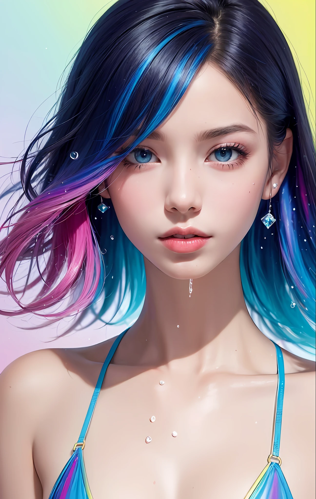 Full body portrait, standing, (colorful fashion ultra-small mini bikini: 1.9), (colorful hair: 1.8), (all colors of the rainbow: 1.8), (vertical: 1.6))), (painting, painting, portrait), cartoon, illustration, painting, large, crystal clear eyes, (rainbow gradient high ponytail: 1.7), exquisite makeup, mouth closed, (small fresh(1.5), (Big: 1.6), long eyelashes, looking at the audience, big watery eyes, (iridescent hair: 1.6), color splash, (solo, :1.8), color splash, color explosion, thick paint style, messy lines, ((sparkling)), (colorful), (colorful), colorful, colorful, chic paint style, (splash) (color splash), vertical painting ,, Paint splash, acrylic pigment, gradient, paint, best quality, best quality, masterpiece, , solo, , depth of field, face paint, colorful clothing, (elegantly: 1.2), gorgeous,long hair, wind, (elegantly: 1.3), (petals: 1.4), (Masterpiece,))))), (Best Quality))), (Ultra detailed))), (Illustration), (Dynamic Angle), ((Floating)), (Paint), (((disheveled hair)), (Solo,), (1 girl), (Detail anima face)))), (Beautiful Detail Face)), Collared, Bare shoulders, White hair, (((Colorful hair)), ((Striped hair)), Beautiful detailed eyes, (Gradient colored eyes), (Colorful eyes)))), ((High Saturation))))) , (((surrounded by colorful splashes))),