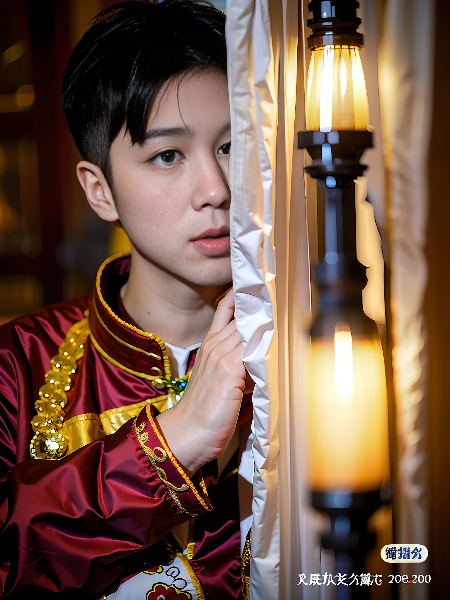 (1Chinese man: 1.5), an 18-year-old man wearing Tibetan costumes, holding a prayer tube in his hand, handsome face, Tibetan costumes, ethnic costumes, warm colors, handsome looking at the camera