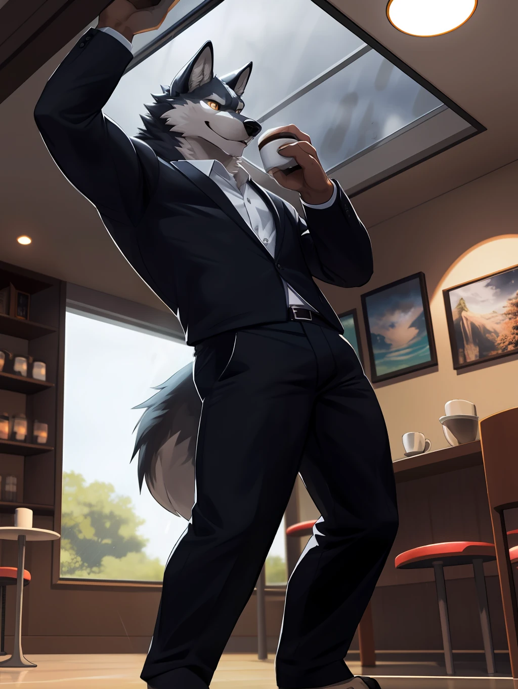 Wolf, suit, café, super long view, warm light source, floor-to-ceiling windows, rainstorm, sunlight, model pose, looking out the window