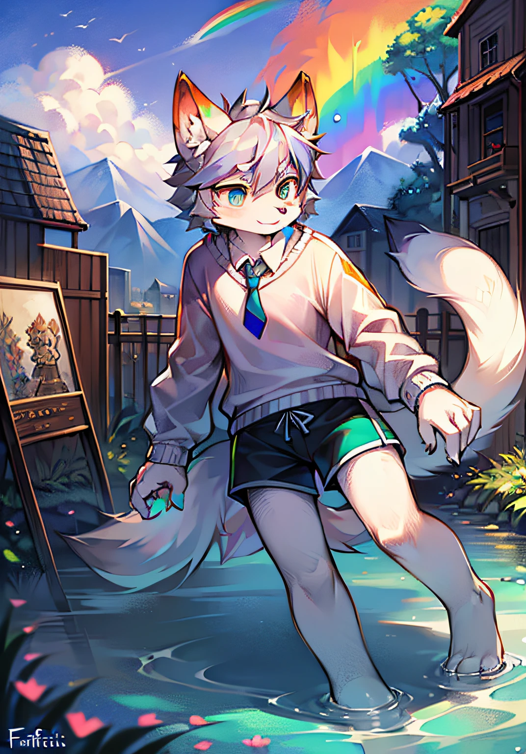 Bright eyes, panorama, character focus. (detailed background: 0.7), solo, furry, furry male, male focus, anthr, (full body fur, fluffy tail, white fur, colored eyes, gray hair: 1.2), (there is a drawing of a cat in a tie, colorful sketch, super colorful, white sweatshirt, colorful shorts, fleurna, rainbow fur, , colorful]", rough art style, frafiniti flsona, whimsical demons and rainbow fur: 1.2), (riverside: 1.1)
