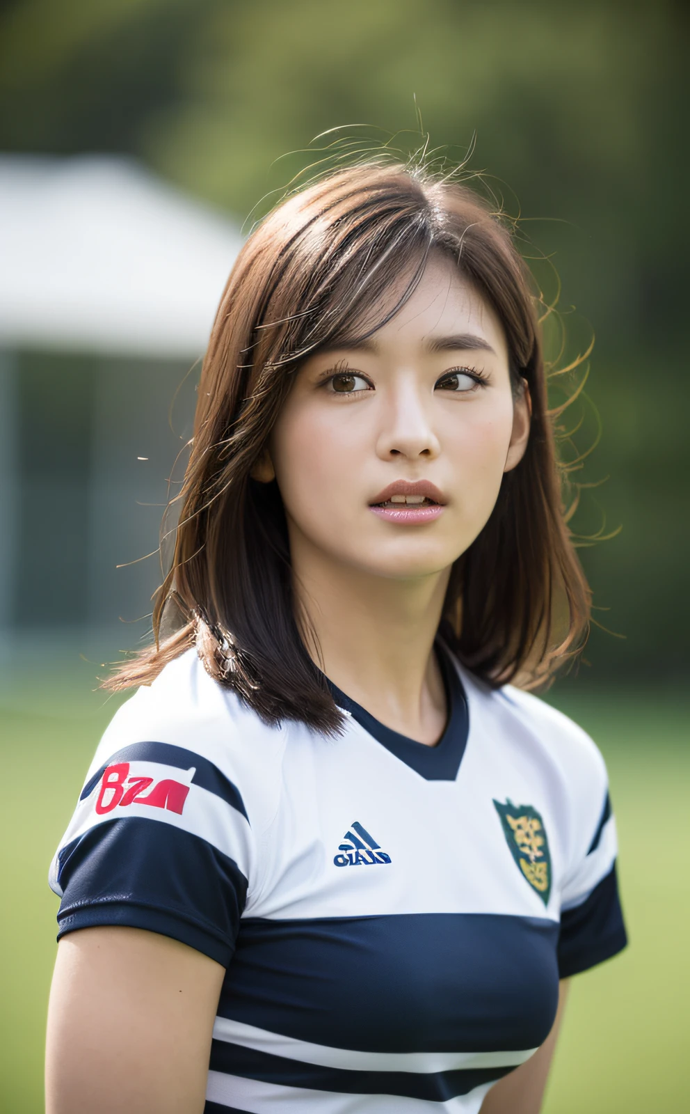 ((Top Quality, 8k, Masterpiece: 1.3)), Beauty, 1 Girl, Small: 1.3, Slender Abs: 1.1, Dark Brown Hair, (Rugby Field: 1.5), Ultra Detailed Face, Highly Detailed Lips, Detailed Eyes, Double Eyelids, Muscles