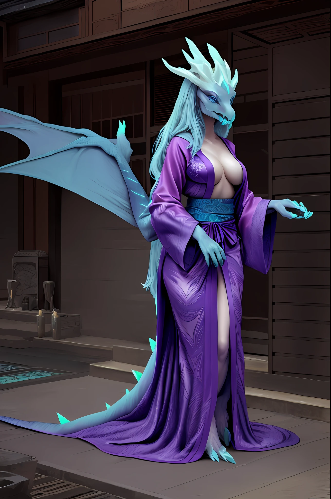 AurothDOTA anthro (wyvern), female, adult, blue eyes, blue scales, medium breasts, large thighs, medium horns, large tail, ((kimono)), (realistic scales, detailed scale texture: 1.2), detailed background, wild background, photorealistic, hyper realistic, ultra detailed, sharp, kneeling, lifting the dress with her hand