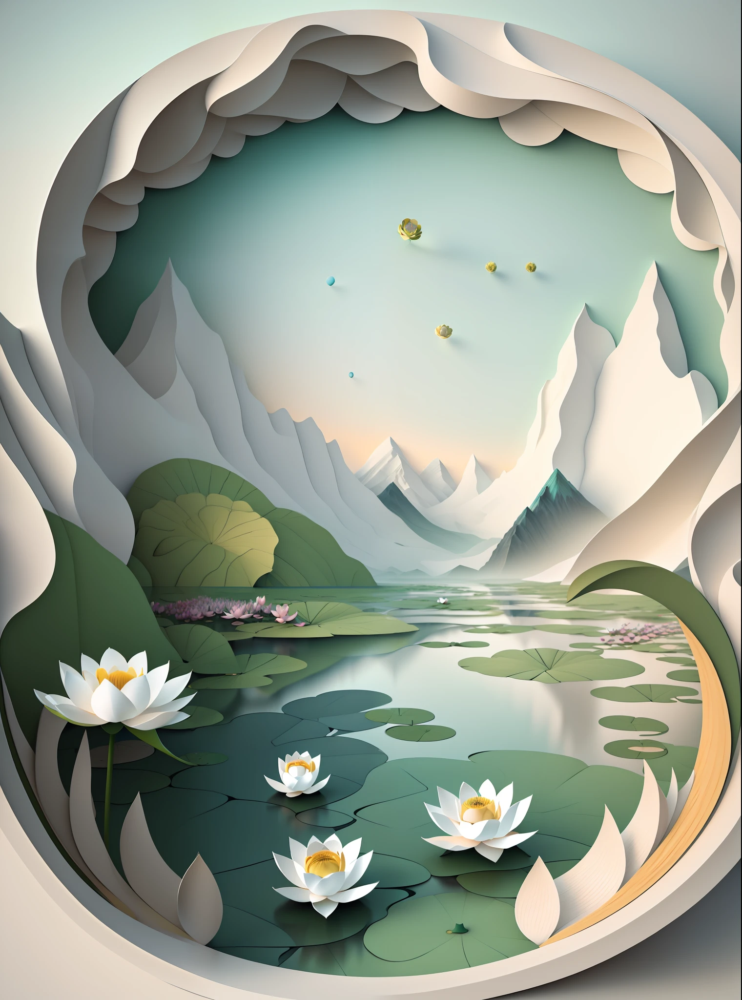 Natural and organic depictions of vast landscapes, distant mountains and near waters, lotus blooming, featuring earth tones and botanical motifs, drawing on connections with nature and the environment, influenced by botanical illustrations or environmental art, Softlight, (warm color: 1.15), best quality exquisite details, 3d rendering, Octane render, pastel,