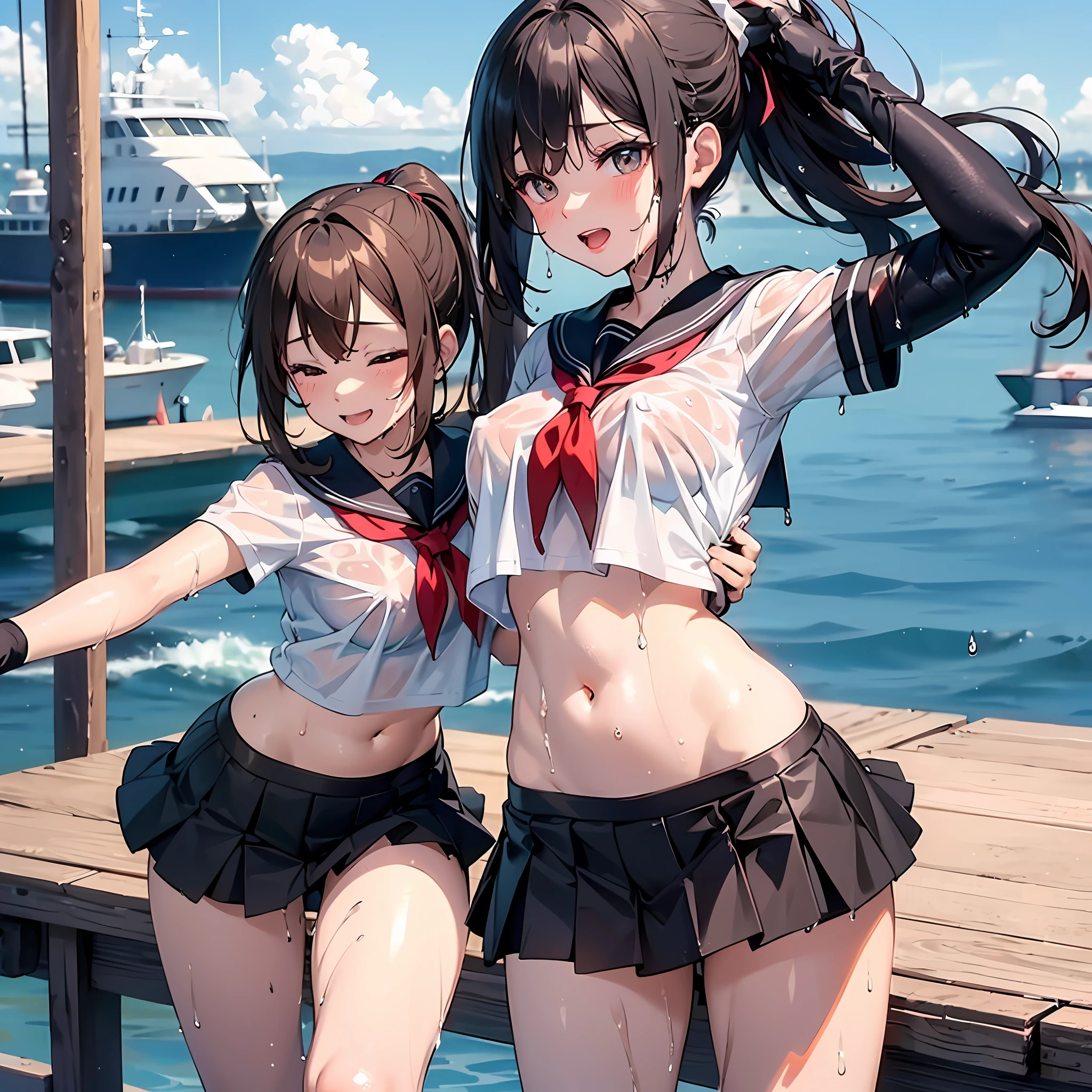 1young_teen_girls、loli、brown_hair、short_ponytail, long_bangs、blue_midriff_baring_sailor_uniform、mini_skirt、short_sleeve、thighthighs、big_tits, sleepy, Sorrisos、open_mouth、dynamic_pose, childlike_posing ,harbor,dock_background、spread_legs、happiness、NSFW、short_gloves, (wet:1.4),transparent,covered_nipples, covered_crotch, under_tits, sweat, bare_thighs, large_ass, covered_anal, back_view,