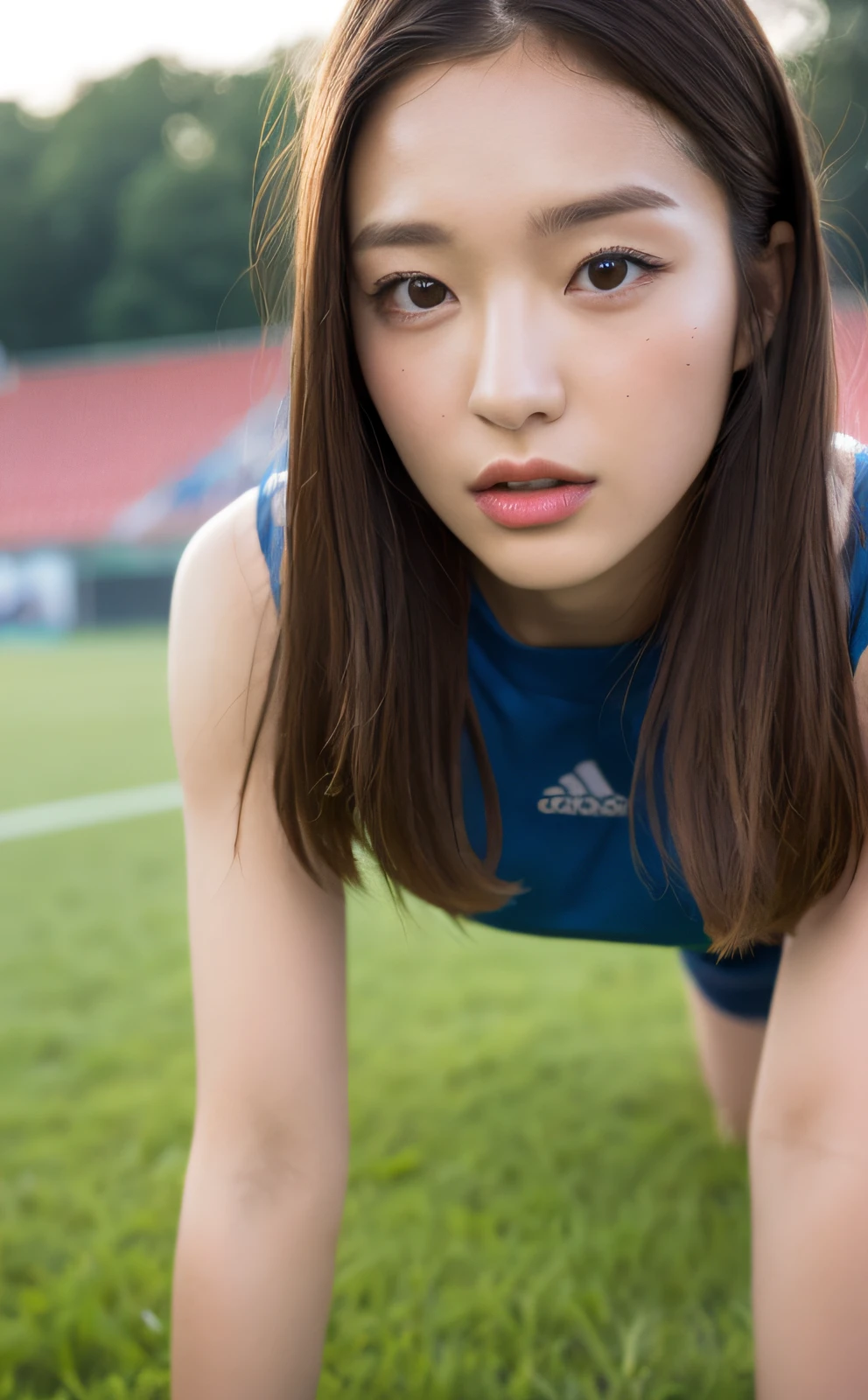 ((Top Quality, 8k, Masterpiece: 1.3)), Beauty, 1 Girl, Small: 1.3, Slender Abs: 1.1, Dark Brown Hair, (Rugby Field: 1.5), Ultra Detailed Face, Highly Detailed Lips, Detailed Eyes, Double Eyelids, Muscles