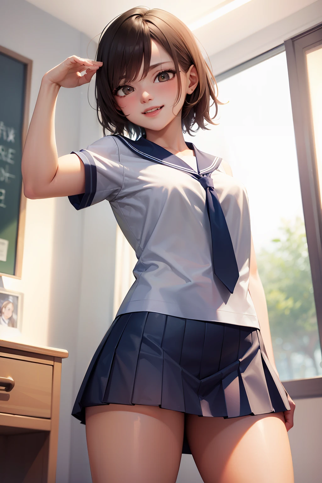 (Masterpiece, Best Quality: 1.2), Cowboy Shot, Solo, One Girl, Asuka Kazama, Evil Smile, Watch Viewer, School Uniform, Sailor Suit, Pleated Mini Skirt, Dark Blue Tie, Thighs