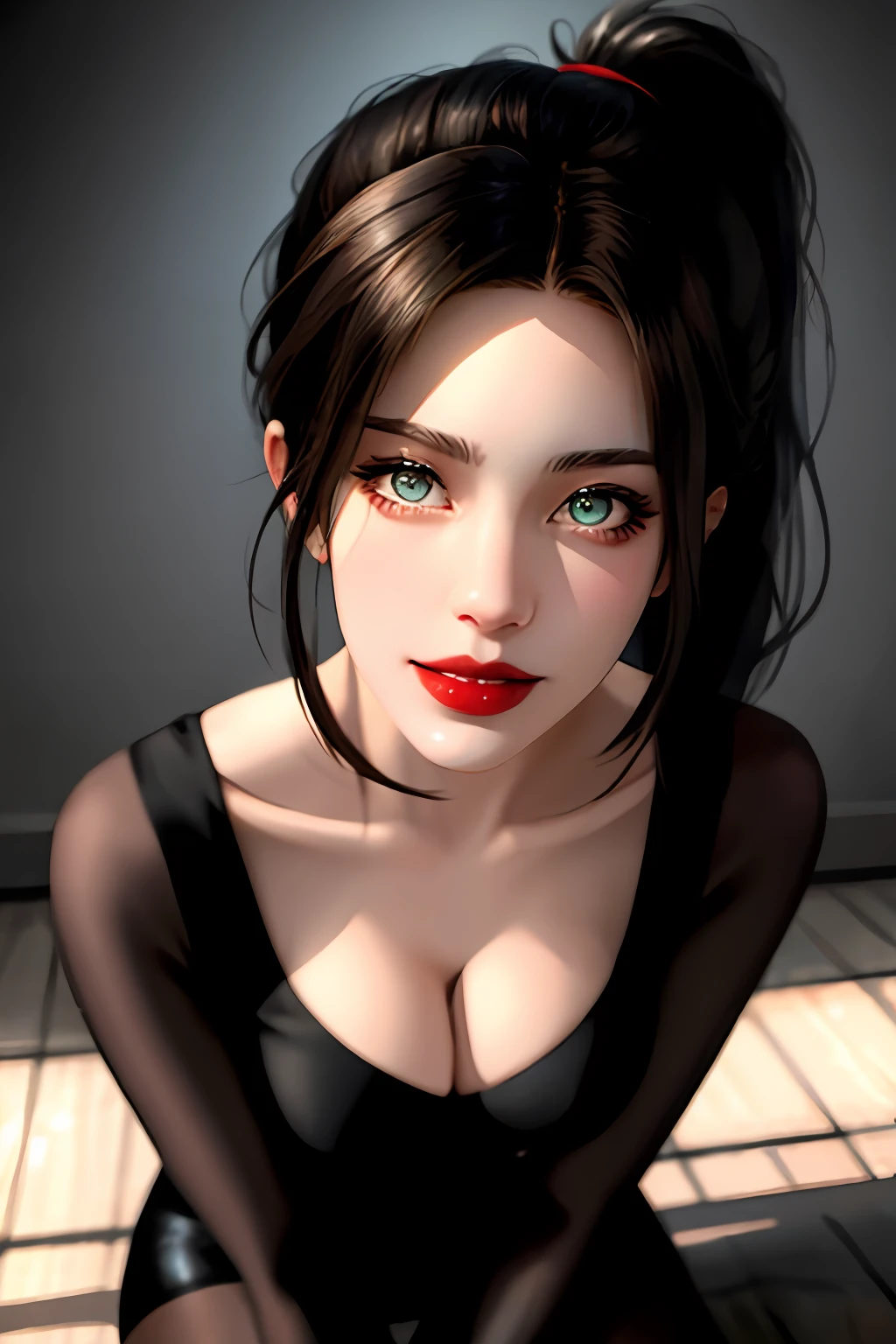 masterpiece, best quality, high quality, High definition, High quality texture, High quality shadow, high detail, realistic, Cinematic Light, sidelighting, Lens Flare, Ray tracing, sharp focus, girl, woman, dominatrix, black pantyhose, ponytail, beautiful face, beautiful eyes, red lips, wicked smile