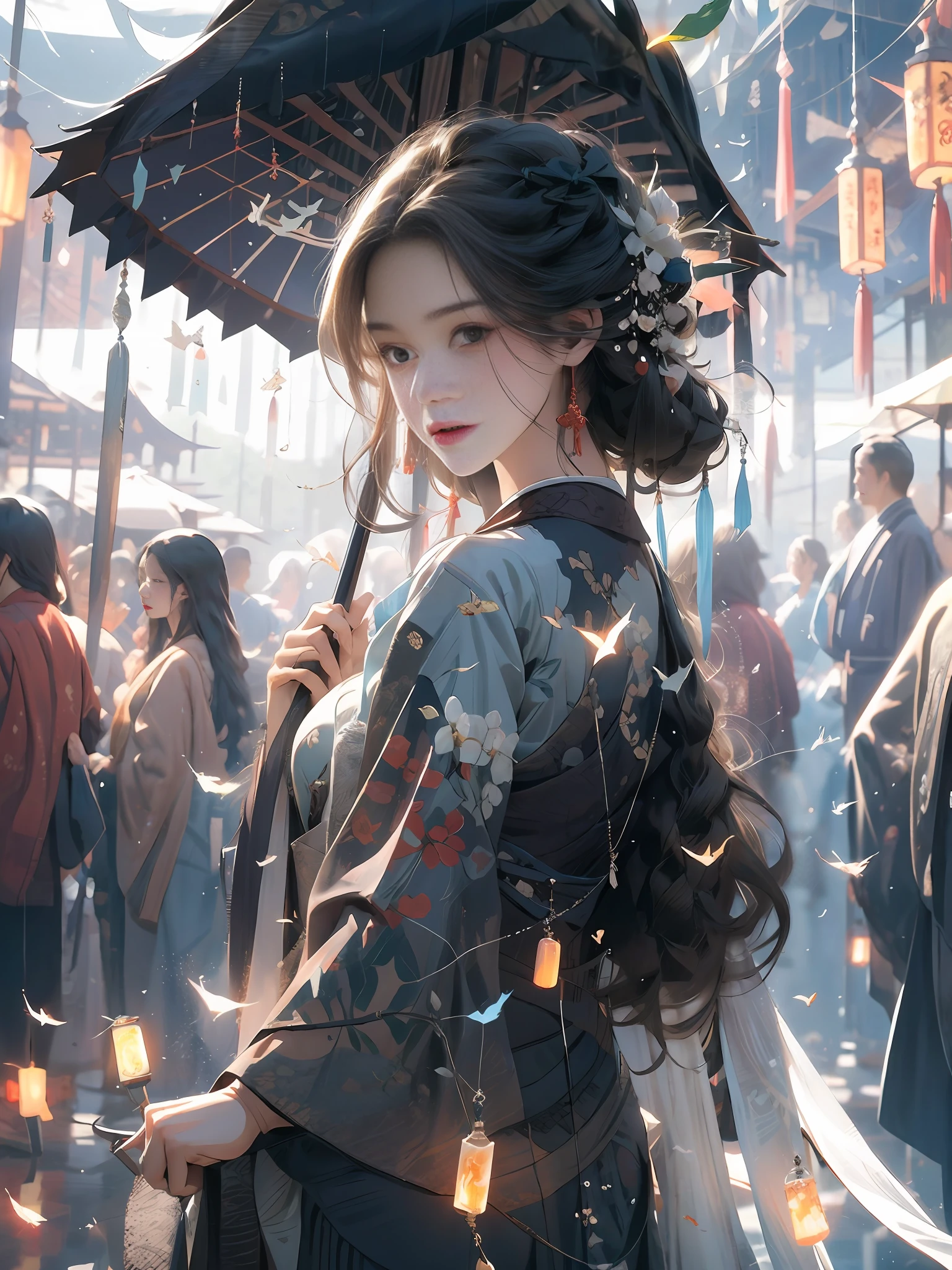 Bamboo forest, bamboo leaves falling, hazy, white hanfu, sexy, oil-paper umbrella, lantern, folding fan,