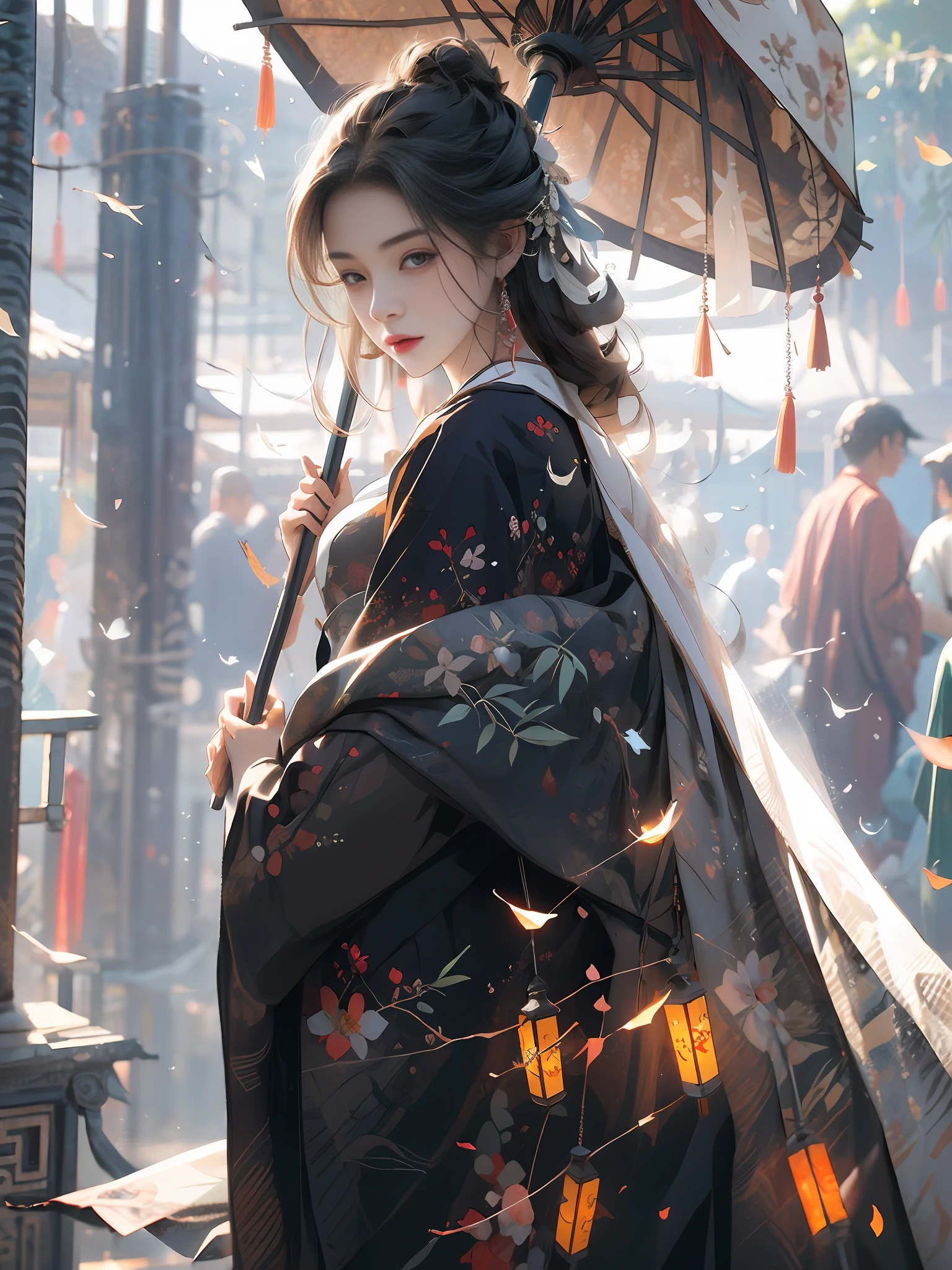 Bamboo forest, bamboo leaves falling, hazy, white hanfu, sexy, oil-paper umbrella, lantern, folding fan,
