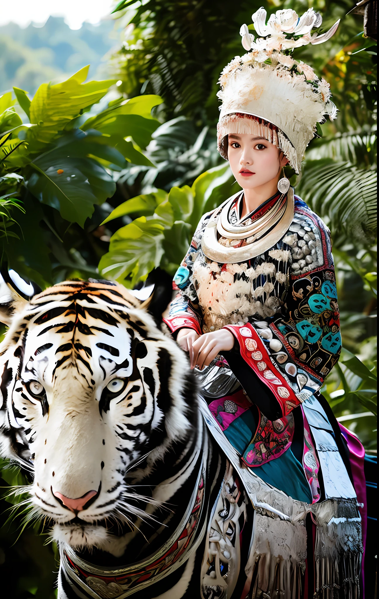raw photo,ultra realistic,(masterpiece, 8k uhd, HDR, extremedetailed, intricate details, best quality, professional, vividcolors),
(1girl wearing costume and riding on a a white tiger inJungle),Reins,(Traditional headwear:1.2),
((Jungle scapel),looking at viewer,dutch angle,