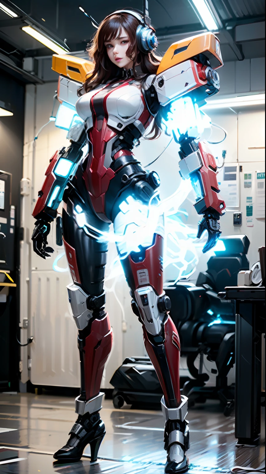 A mecha girl, flowing long hair, full body photo, looking at the camera, lying next to the tall robot, with wires plugged in the body to charge, relying on energy batteries to maintain life, there are energy light points flowing in the blood vessels on the body, 20 years old, wearing headphones to listen to music to sleep, sexy sleeping posture, seductive pose, dynamic pose, dynamic lens, alloy cuirass, sexy crystal high heels, a lot of wires wrapped around her body, binding, she wears sexy lace mecha trousers, wearing pink up lace pajamas, brown hair, semi-mechanical legs, Sexy mecha suit, latex full-body tights, black silk, and neatly placed sexy women's clothes next to it, huge power generation batteries are glowing, electric lightning, in the scientific research laboratory,