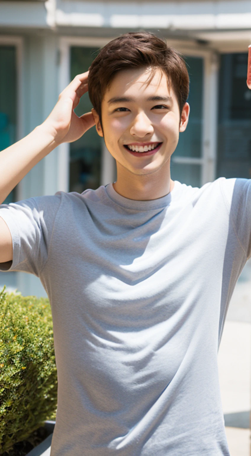 Man about 25 years old, smiling, sharp focus, half body, summer, terrace, dynamic pose