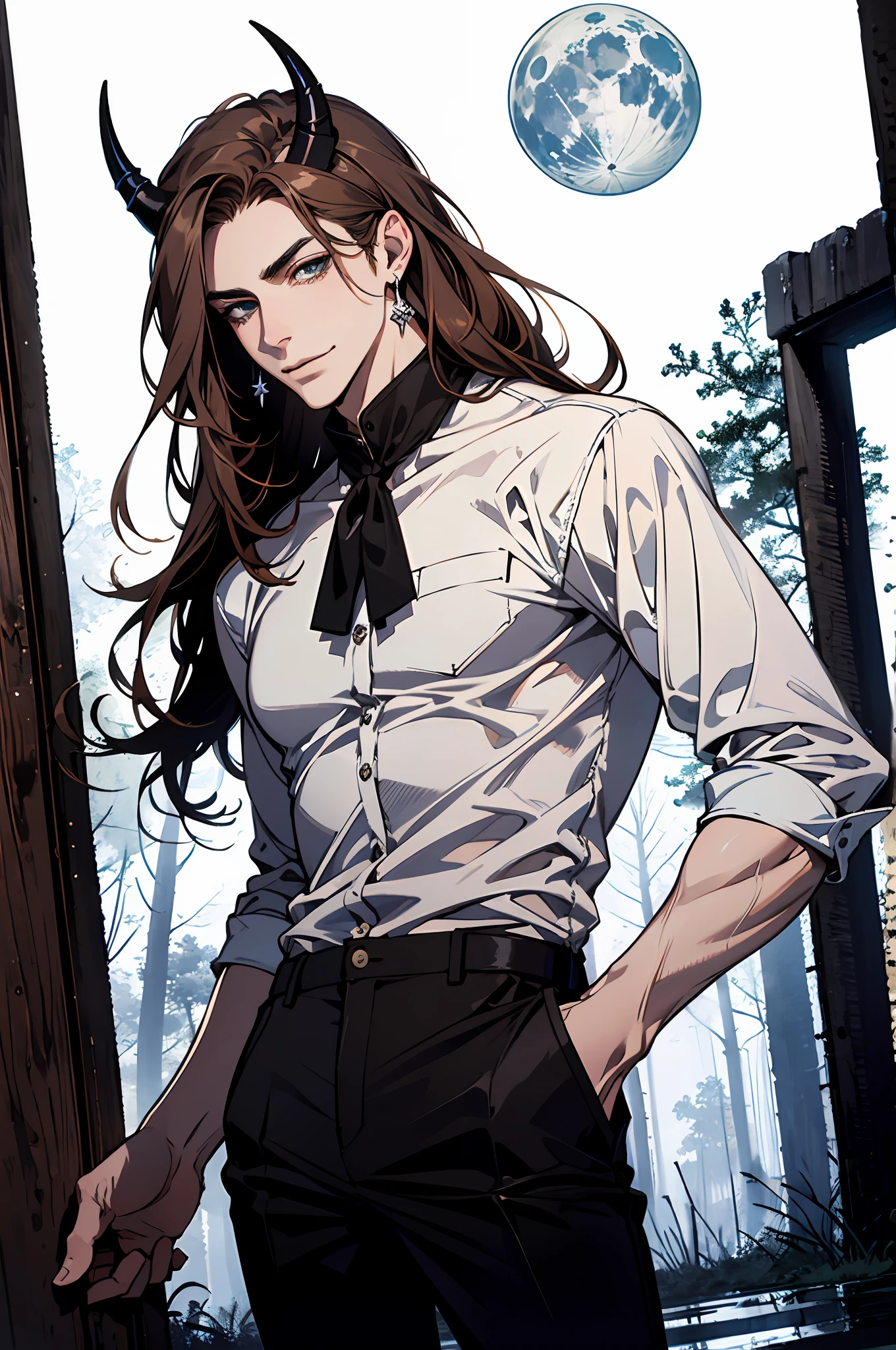 (absurdres, highres, ultra detailed), 1man, 30 years old man, adult man, handsome, tall,, finely detailed eyes and detailed face, black leather pants, white shirt, night, smile, dutch angle, ((long hair, brown hair)), (((little black horns))), moon, forest, silver earrings, gothic, dark, looking at the view, pale skin, light green detailed eyes, eyeliner, (masculine), sexy, smirk, seductive, slightly muscular, very attractive, flirtatious, mature, ((adult mature face))