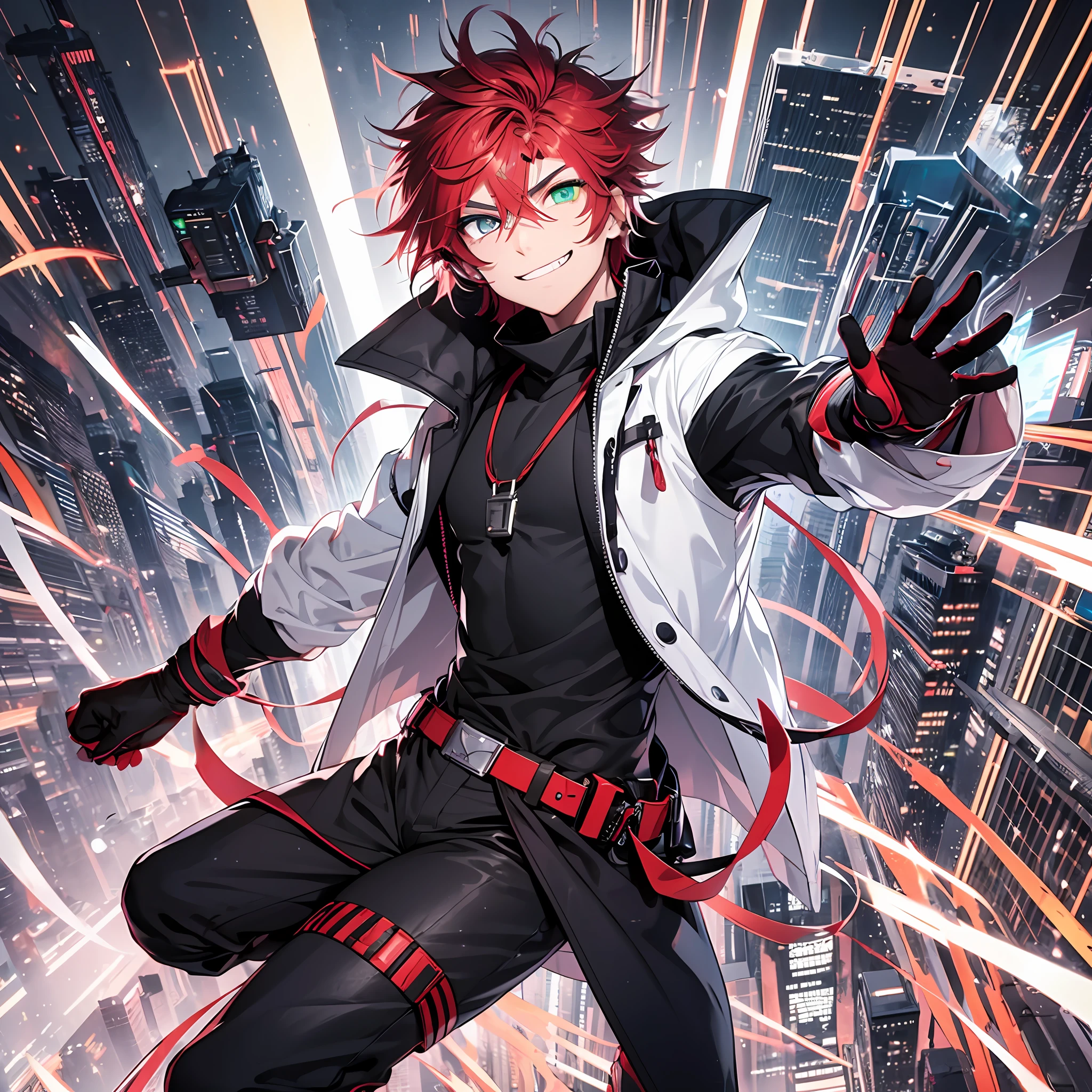Glowing eyes, Heterochromia eyes, green eyes left, blue eyes right, arrogant smile, grin