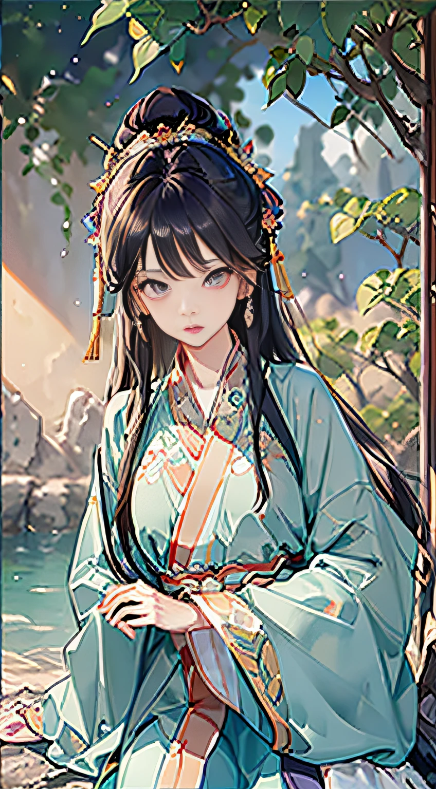Best quality, intricate details, high resolution, (beautiful details water: 1.4), (Hanfu, Tang style), purple eyes, 8K