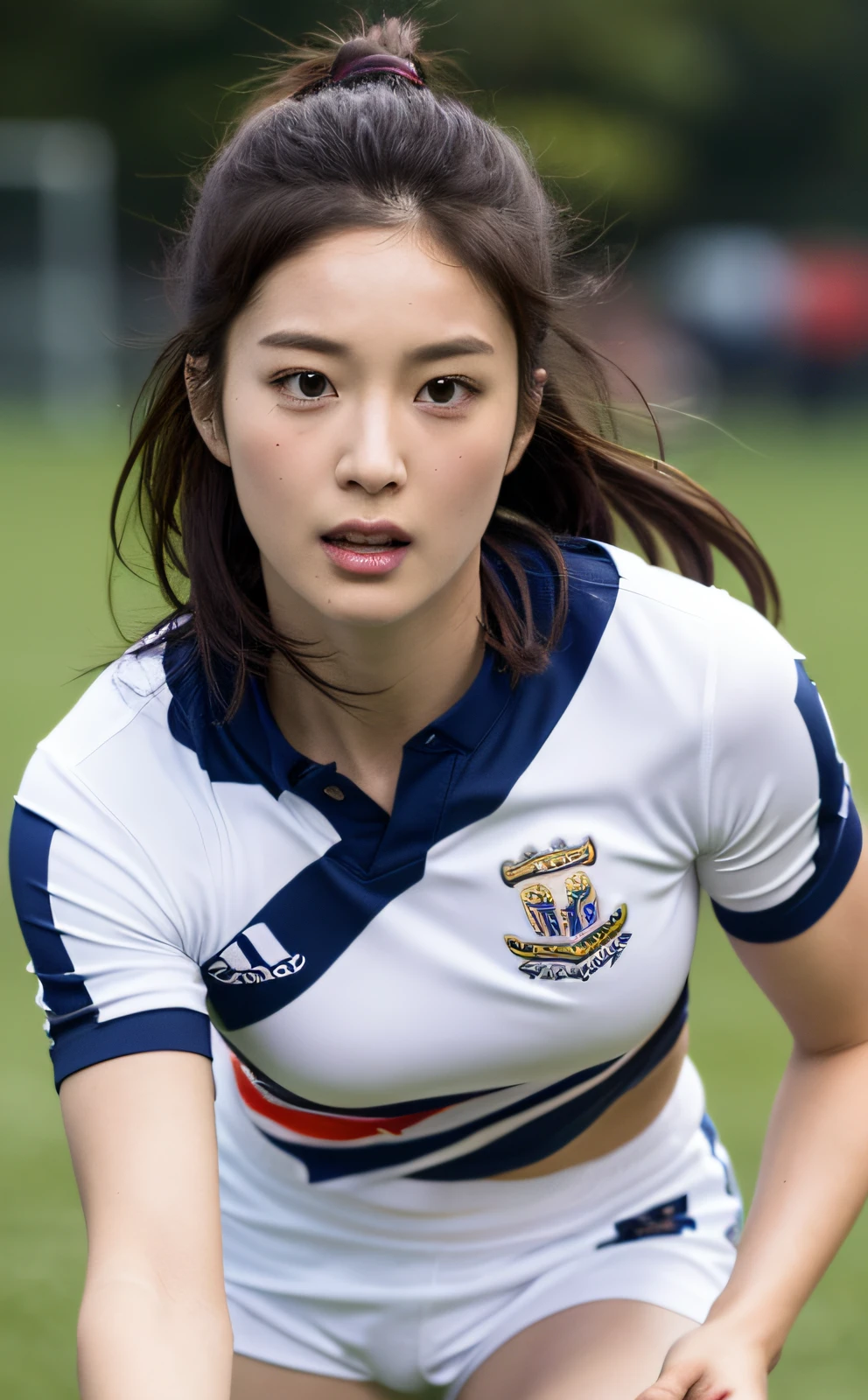 ((Top Quality, 8k, Masterpiece: 1.3)), Beauty, 1 Girl, Small: 1.3, Slender Abs: 1.1, Dark Brown Hair, (Rugby Field: 1.5), Ultra Detailed Face, Highly Detailed Lips, Detailed Eyes, Double Eyelids, (Muscle: 1.5), Running Vigorously
