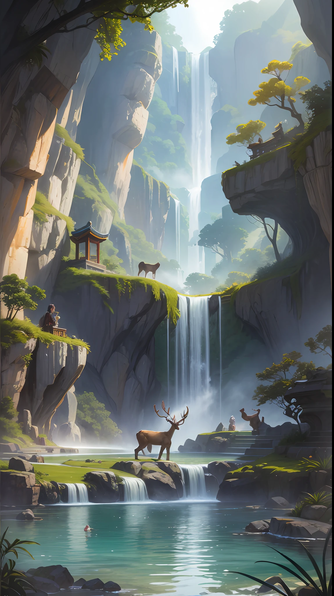 Night scene, unicorn drinking water by the river in the forest, unicorn close-up, white all over, face sideways, national tide works, magnificent atmosphere, ancient Chinese architectural complex, photo realism, film lighting, volume lighting, split lighting shooting in a dark atmosphere