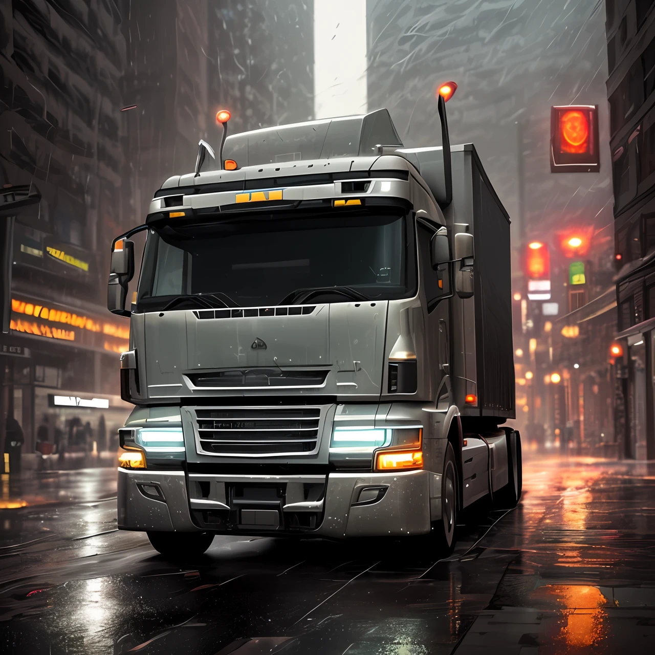 A truck of the future in the rainy city Cyberpunk (((cinematic lighting)))), soft cinema light, adobe lightroom, photo lab, hdr, immense detail, photorealism, professional photography