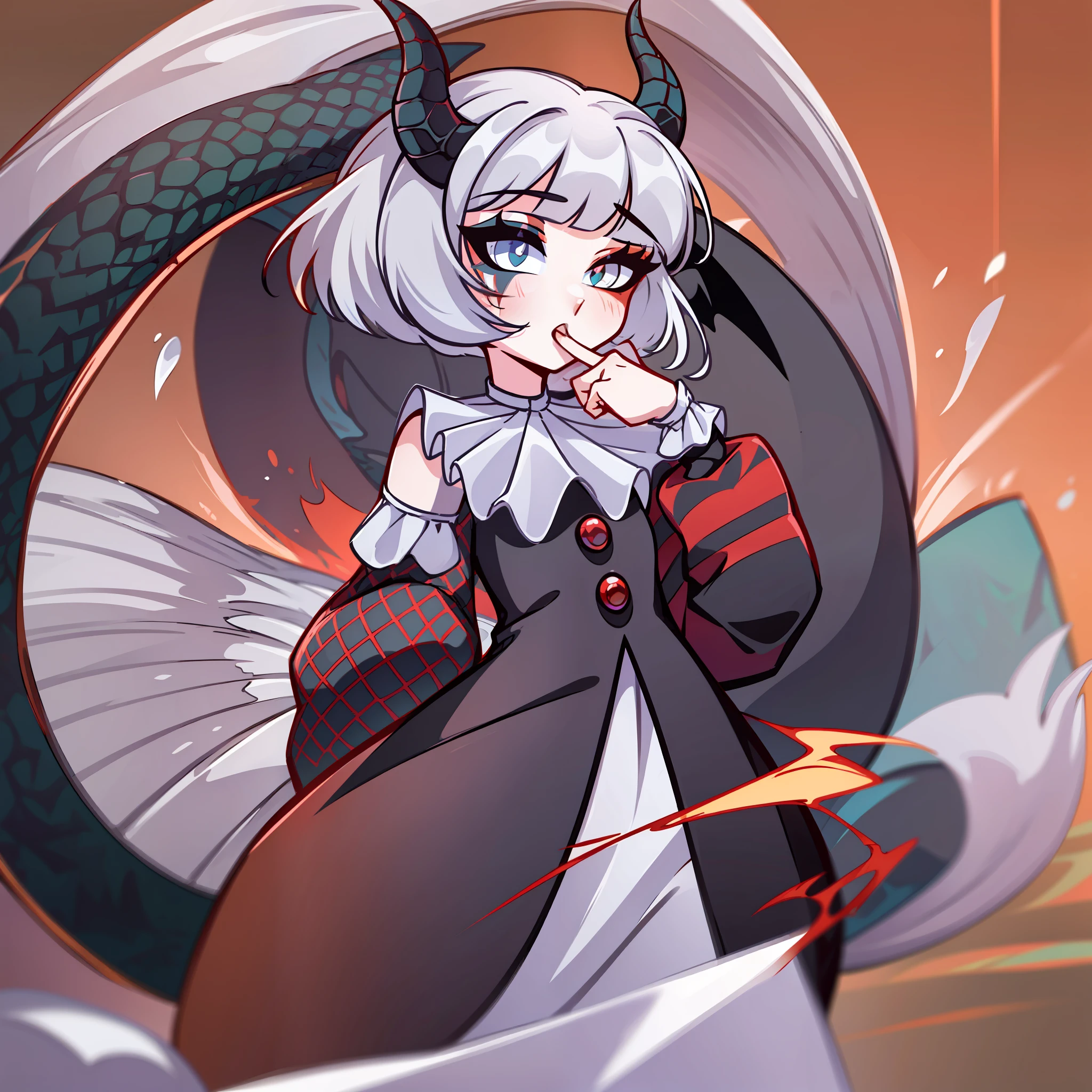 (Best quality: 1.0), (super high res: 1.0), extremely detailed character, detailed Hands, half-dragon girl, horns, scales on the neck, scales on the shoulders, scales on the forearm, scales on the cheek, girl with dragon tail, dragon tail, extremely detailed hair, short hair, ((white hair)), ((black locks)), extremely detailed eyes, eye with different colors, heterochromia, white right eye, black left eye, dragon eyes, 2d, anime art, ((child)), ((full body)), standing, medieval, rpg, small, cute