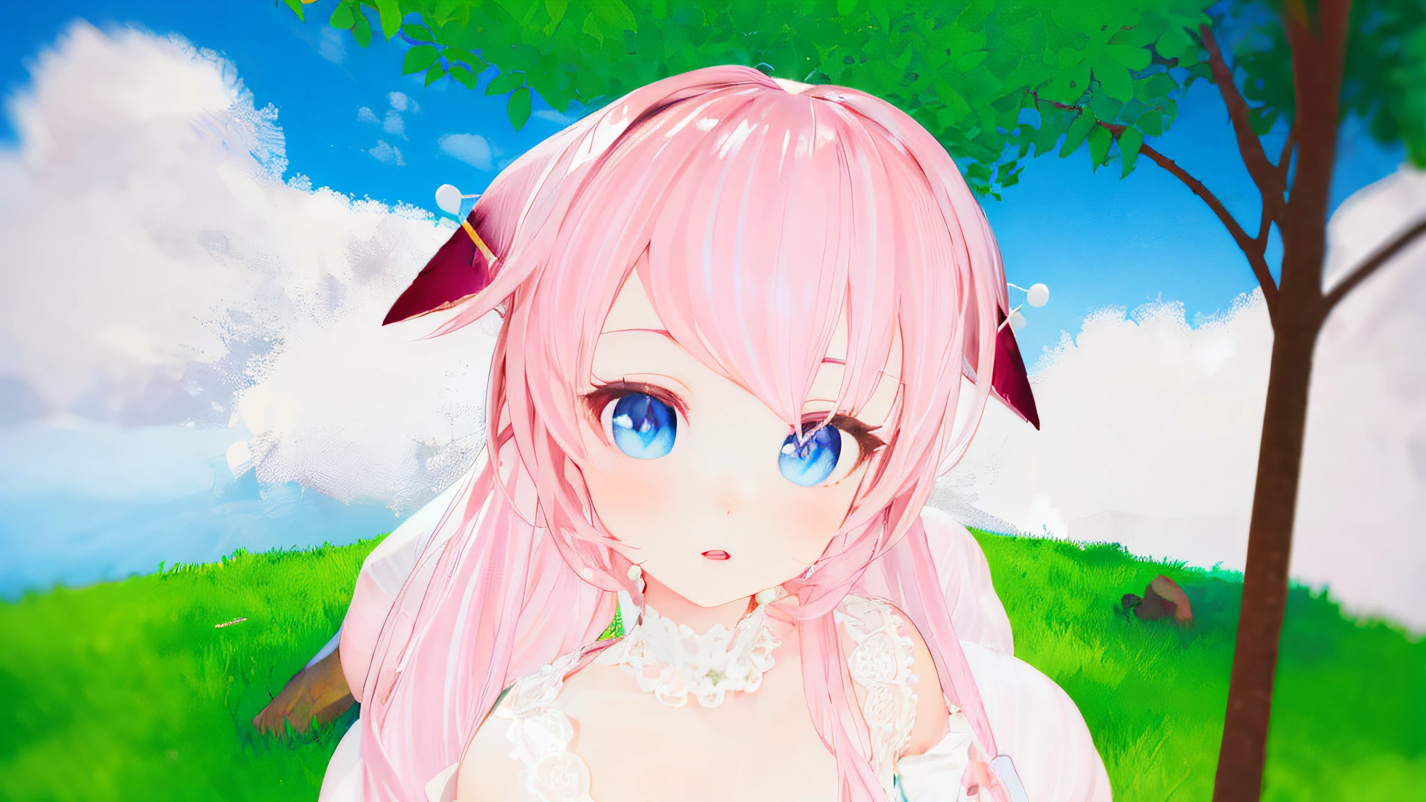 anime girl with pink hair and blue eyes in a field, pink twintail hair and cyan eyes, render of a cute 3d anime girl, anime styled 3d, anime stylized, stylized anime, detailed anime soft face, loli, anime style. 8k, kawaii realistic portrait, realistic anime 3 d style, my dress up darling anime --auto