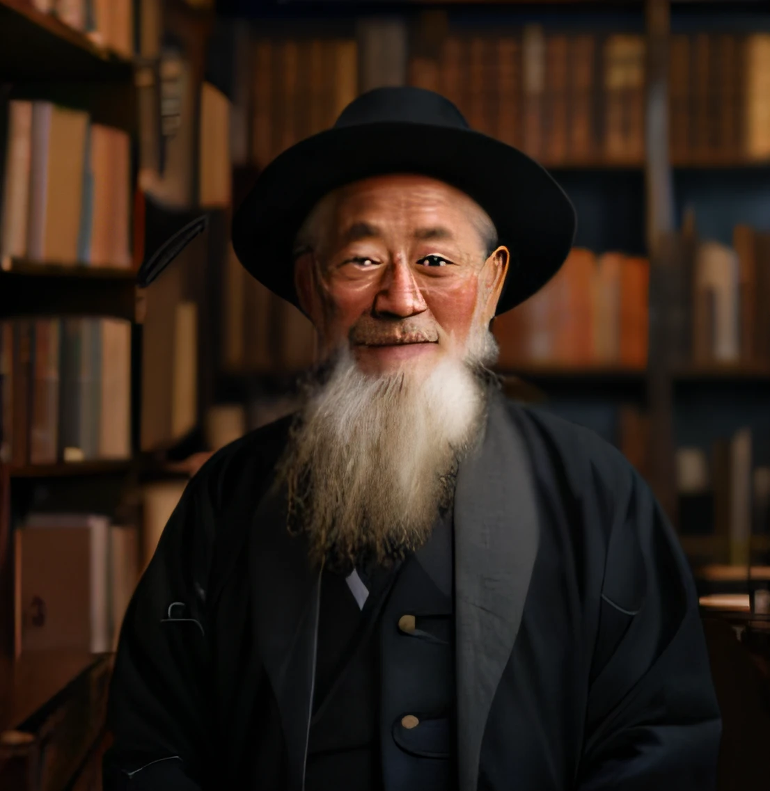 arafed man with a long beard and a hat in a library, portrait photo of an old man, portrait of a old, portrait of monk, portrait of an old, taoist priest, portrait of an old man, an old man, inspired by Wu Daozi, old man in tokyo at night, portrait of a wizard, wise old man --auto