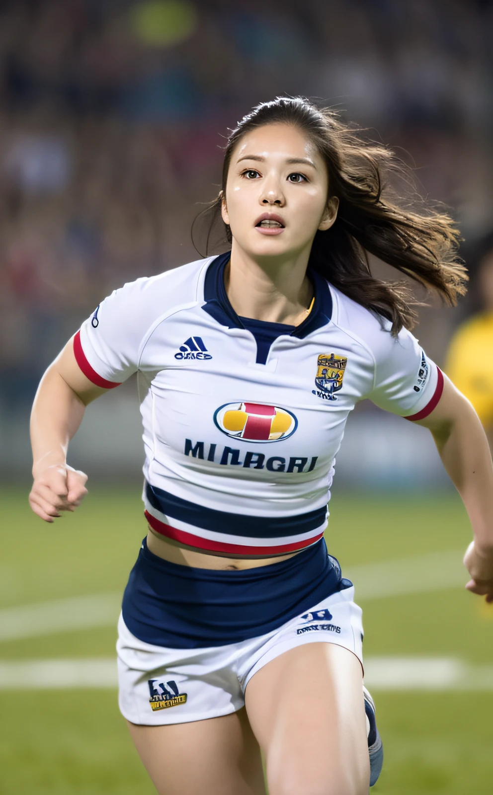 ((Top Quality, 8k, Masterpiece: 1.3)), Beauty, 1 Girl, Small: 1.3, Slender Abs: 1.1, Dark Brown Hair, (Rugby Field: 1.5), Ultra Detailed Face, Highly Detailed Lips, Detailed Eyes, Double Eyelids, (Muscle: 1.5), Running Vigorously