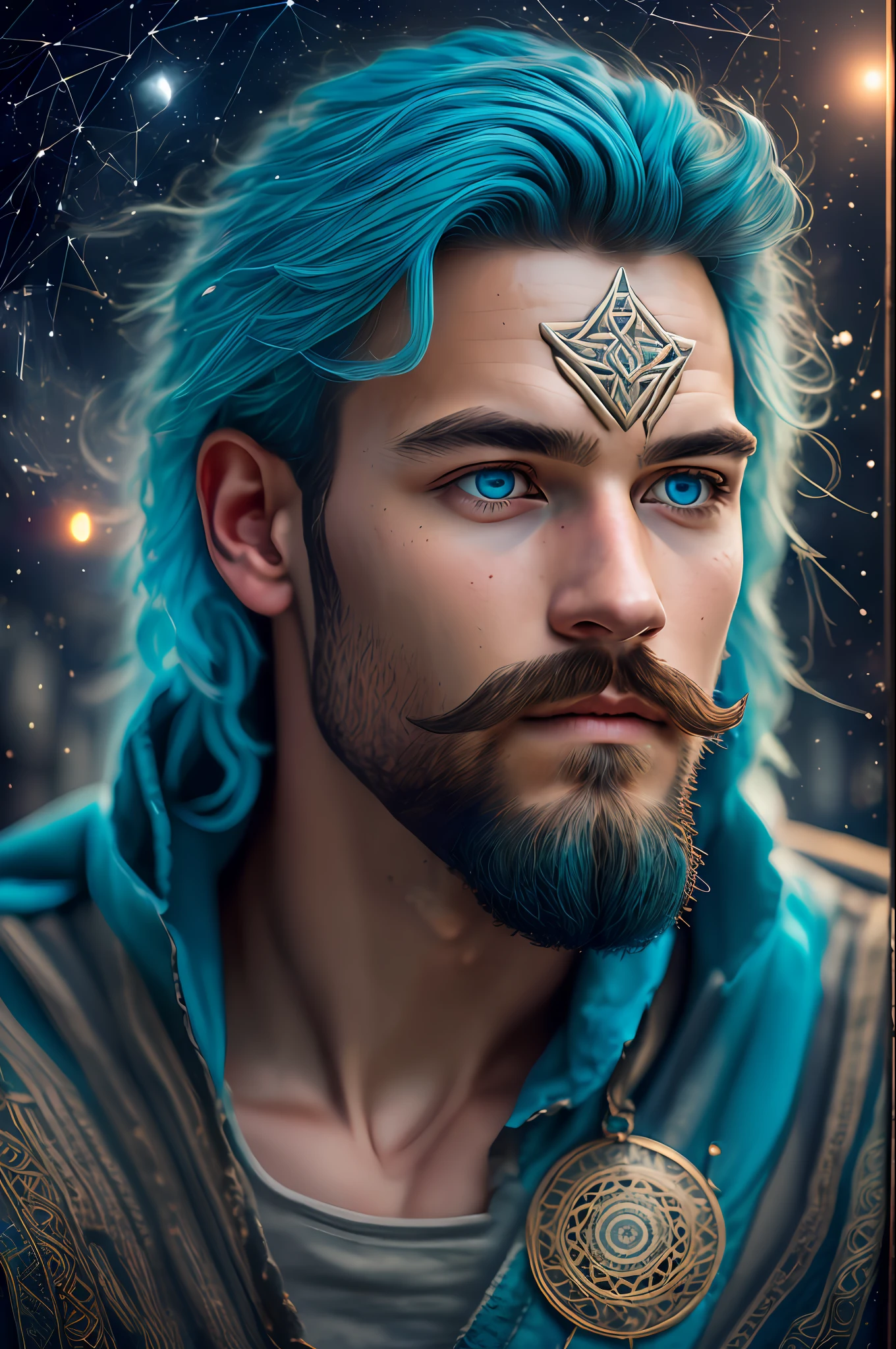 (masterpiece, best quality, ultra-detailed, highres, best illustration),perfect face, ((solo, solo focus)),sidelighting, lustrous skin,(shine),  (shiny skin, cetlic elements, norse heritage), ray tracing, 1boy, male focus, solo, facial hair, beard,  blue hair, blue eyes , long hair, closed mouth, mustache, shirt, wind swept hair, detailed hair, detailed face, ,depth_of_field,very detailed background,extreme light and shadow,(detailed eyes) , perfect anatomy, (zentangle, mandala, tangle, entangle), dynamic angle, wide shot, upper body, city scape, extreme light and shadow, night sky