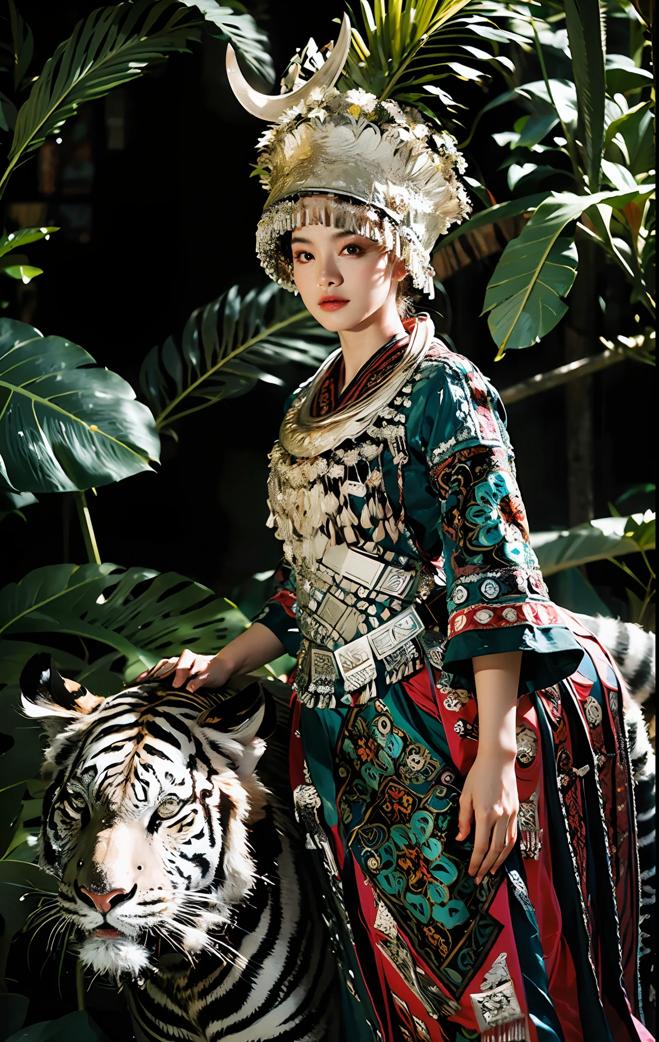 raw photo,ultra realistic,(masterpiece, 8k uhd, HDR, extremedetailed, intricate details, best quality, professional, vividcolors),
(1girl wearing costume and riding on a a white tiger inJungle),Reins,(Traditional headwear:1.2),
((Jungle scapel),looking at viewer,dutch angle,