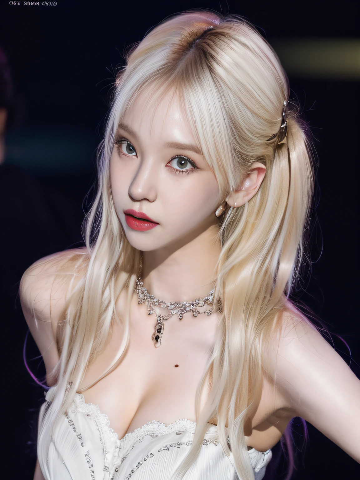 (8K, 4K, Best Quality, Highres, Ultra High Res:1.1), (Masterpiece, Realistic, Photo-Realistic:1.1), 1girl, Face, Close-Up, Twintails, Blonde Hair, Black Eyes, Red Lips, (Looking in Audience: 2), Wearing a babes slip dress, cleavage, split ends, bare shoulders, ridiculously long hair, long eyelashes, eye shadow, small face, big eyes, bare shoulders, high contrast,