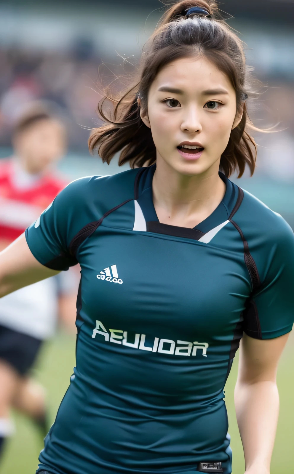 ((Top Quality, 8k, Masterpiece: 1.3)), Beauty, 1 Girl, Small: 1.3, Slender Abs: 1.1, Dark Brown Hair, (Rugby Field: 1.5), Ultra Detailed Face, Highly Detailed Lips, Detailed Eyes, Double Eyelids, (Muscle: 1.5), Running Vigorously
