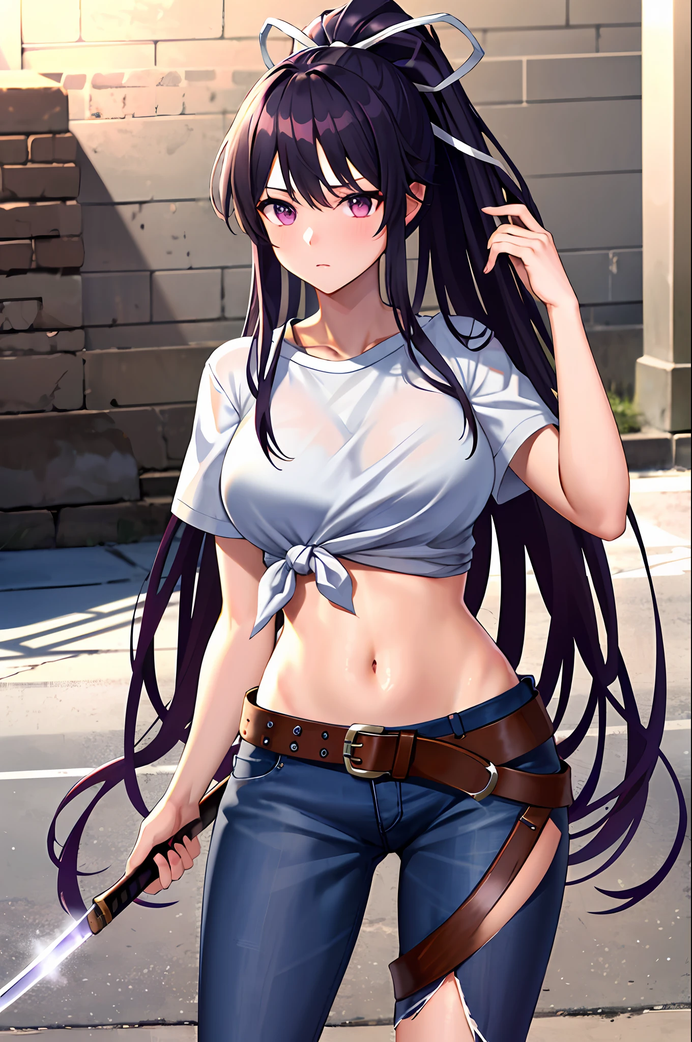 masterpiece, best quality, highres, 1girl, solo, sheathed, asymmetrical clothes, navel, purple eyes, very long hair, tied shirt, midriff, hair ribbon, single pantsleg, white shirt, ponytail, black hair, large breasts, jeans, white ribbon, brown belt, purple hair, asymmetrical legwear, outdoors, cowboy shot, sword, weapon,