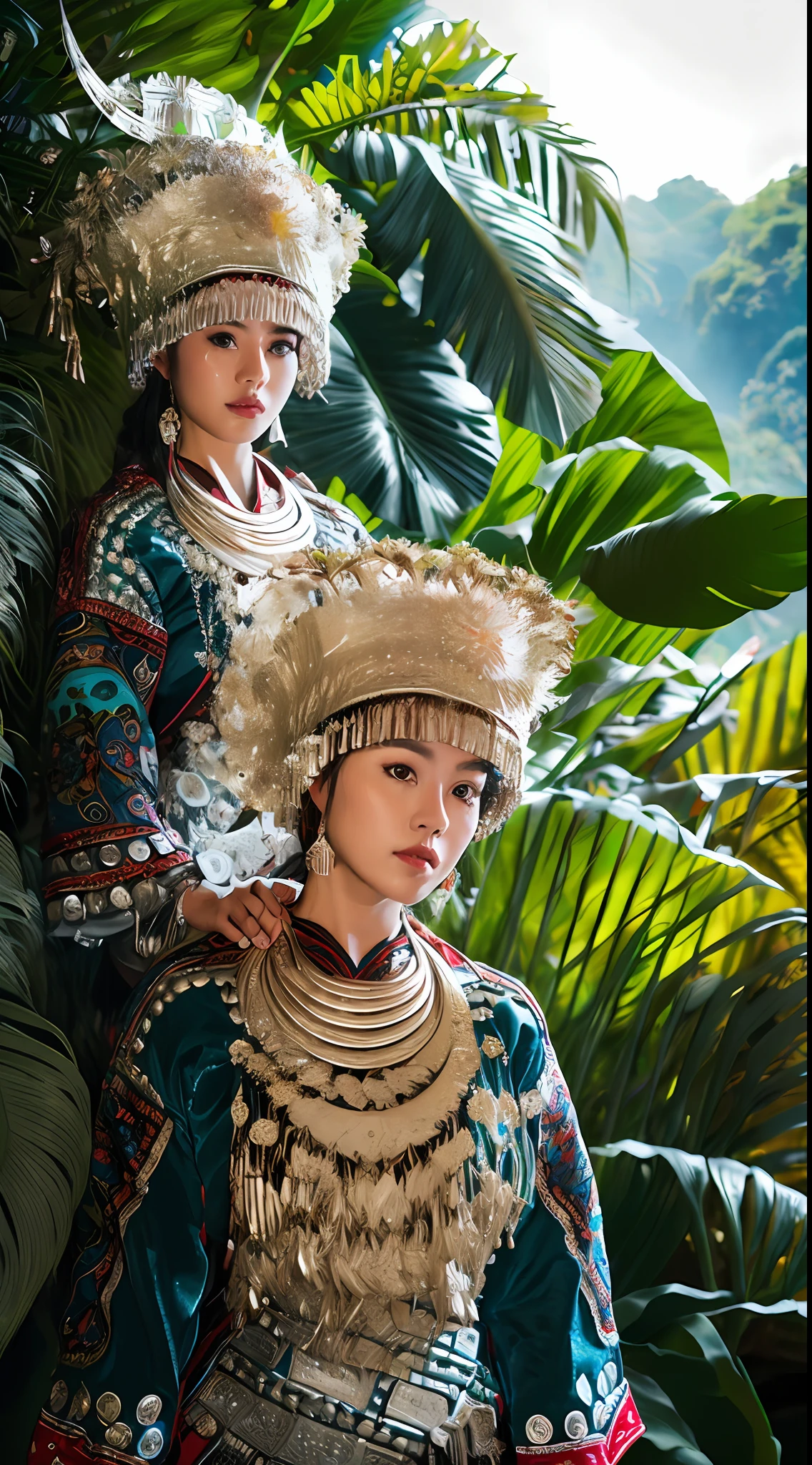 raw photo,ultra realistic,(masterpiece, 8k uhd, HDR, extremedetailed, intricate details, best quality, professional, vividcolors),
(1girl wearing costume and riding on a a white tiger inJungle),Reins,(Traditional headwear:1.2),
((Jungle scapel),looking at viewer,dutch angle,