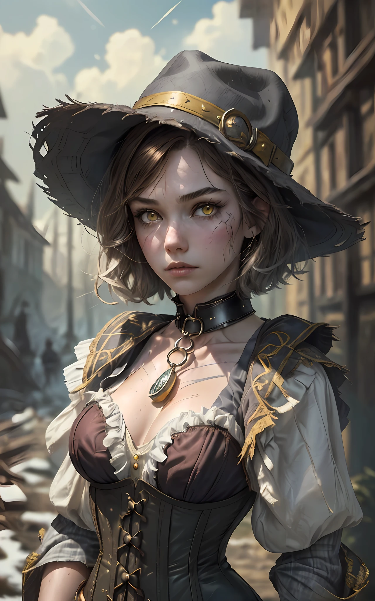 (1girl, solo:1.3),(big wizard hat,black hat:1.1), beautiful face, sad, (adventurer outfit, medieval chemise, corset vest, slave collar:1.3),(body scars, skinny thin:1.3),(fantasy background:1.3),messy hair, bob cut, (cold brown hair, grey strands:1.3), (vibrant yellow eyes:1.2),(fine facial features), white cold illumination, realistic artstyle, thin