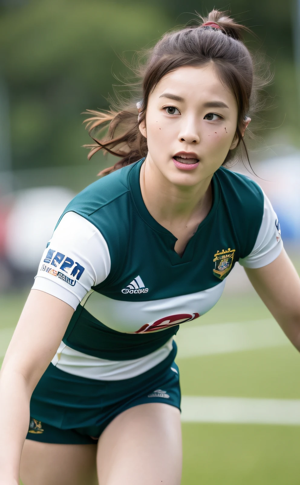 ((top quality, 8k, masterpiece: 1.3)), beauty, 1 girl, small: 1.3, slender abs: 1.1, dark brown hair, (rugby field: 1.5), ultra detailed face, highly detailed lips, detailed eyes, double eyelids, (muscle: 1.5), running at full speed