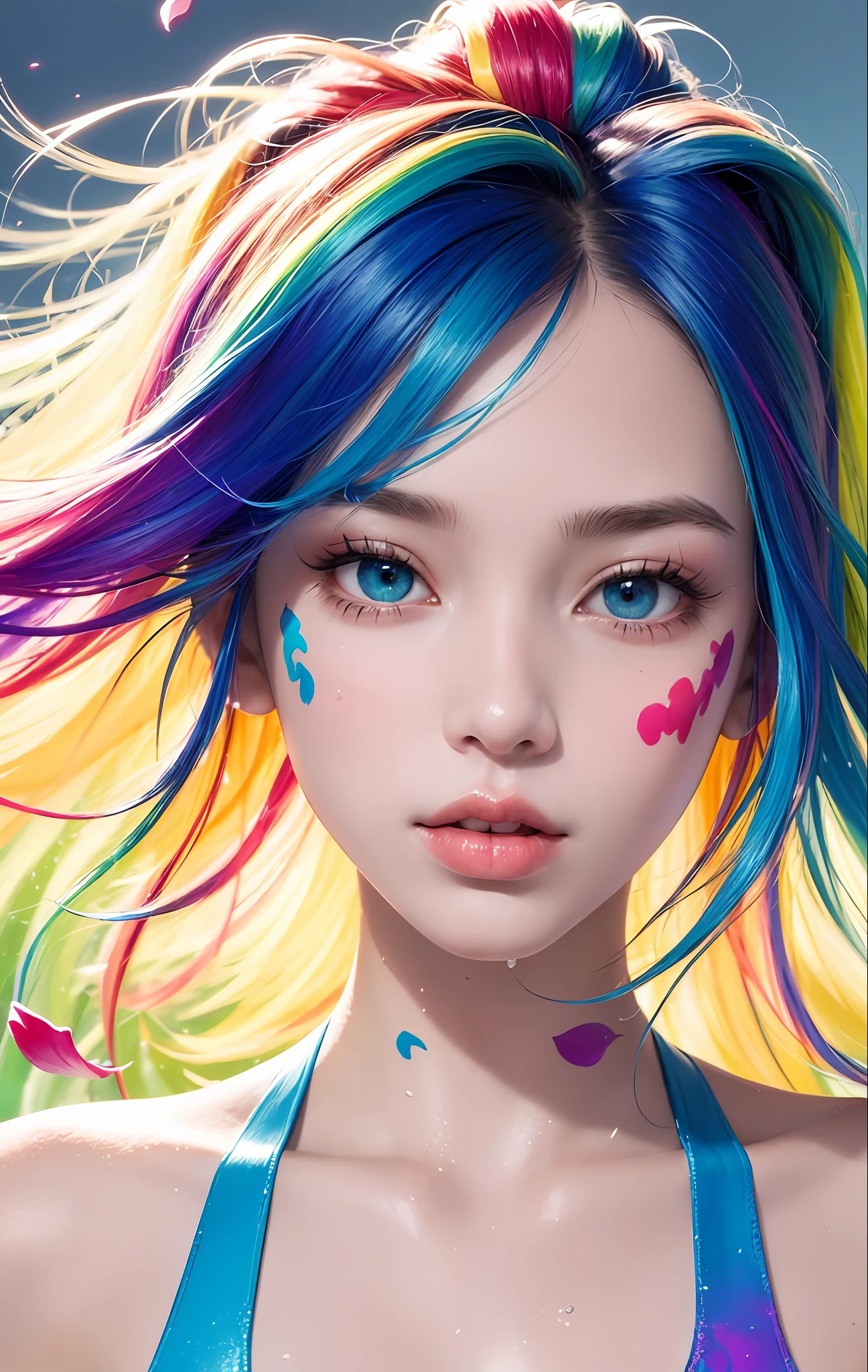 Full body portrait, standing, (colorful fashion ultra-small mini bikini: 1.9), (colorful hair: 1.8), (all colors of the rainbow: 1.8), (vertical: 1.6))), (painting, painting, portrait), cartoon, illustration, painting, large, crystal clear eyes, (rainbow gradient high ponytail: 1.7), exquisite makeup, mouth closed, (small fresh(1.5), (Big: 1.6), long eyelashes, looking at the audience, big watery eyes, (iridescent hair: 1.6), color splash, (solo, :1.8), color splash, color explosion, thick paint style, messy lines, ((sparkling)), (colorful), (colorful), colorful, colorful, chic paint style, (splash) (color splash), vertical painting ,, Paint splash, acrylic pigment, gradient, paint, best quality, best quality, masterpiece, , solo, , depth of field, face paint, colorful clothing, (elegantly: 1.2), gorgeous,long hair, wind, (elegantly: 1.3), (petals: 1.4), (Masterpiece,))))), (Best Quality))), (Ultra detailed))), (Illustration), (Dynamic Angle), ((Floating)), (Paint), (((disheveled hair)), (Solo,), (1 girl), (Detail anima face)))), (Beautiful Detail Face)), Collared, Bare shoulders, White hair, (((Colorful hair)), ((Striped hair)), Beautiful detailed eyes, (Gradient colored eyes), (Colorful eyes)))), ((High Saturation))))) , (((surrounded by colorful splashes))),